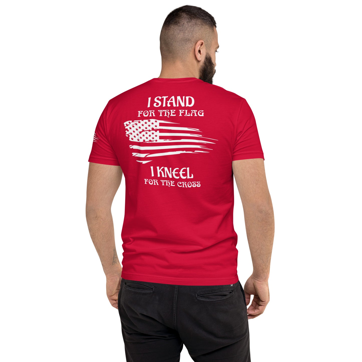 a man wearing a red t - shirt with the words i stand for the flag