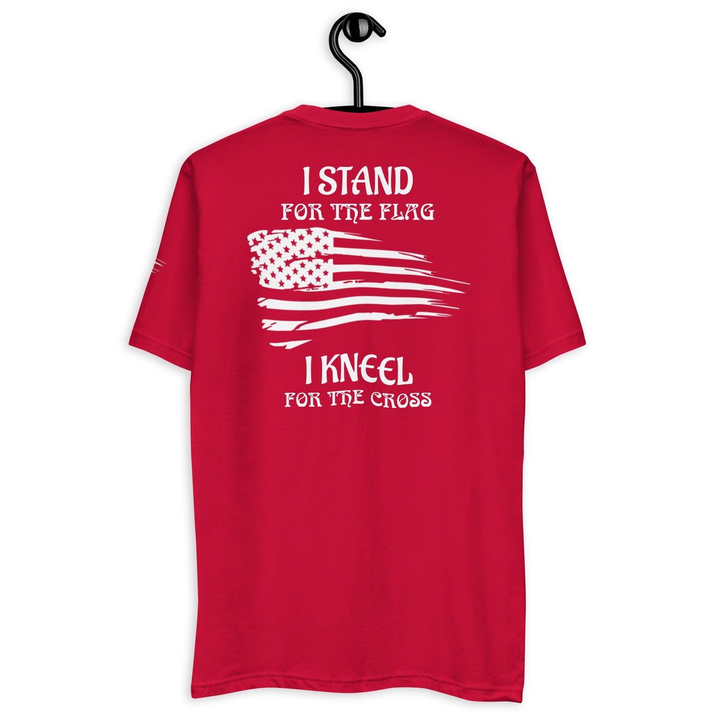 a red t - shirt with the words i stand for the flag and i knee