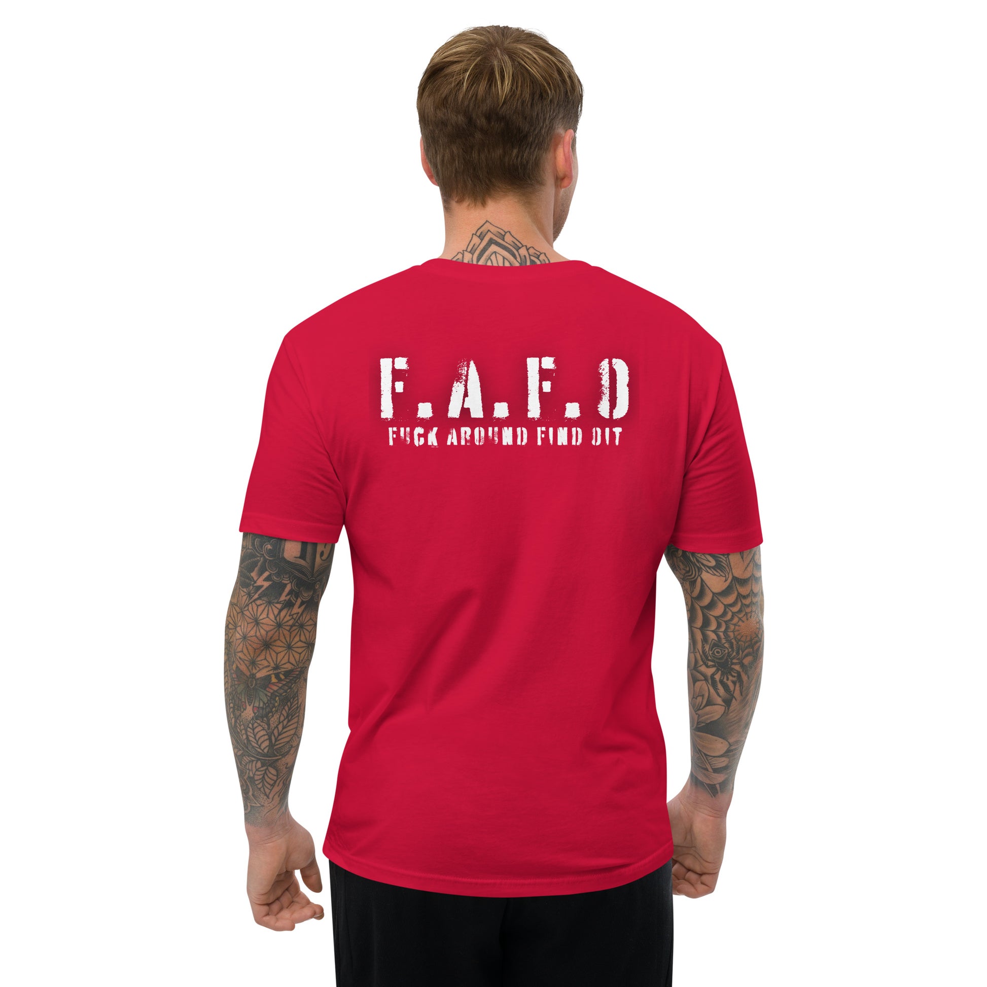 a man wearing a red t - shirt that says f a d f a d