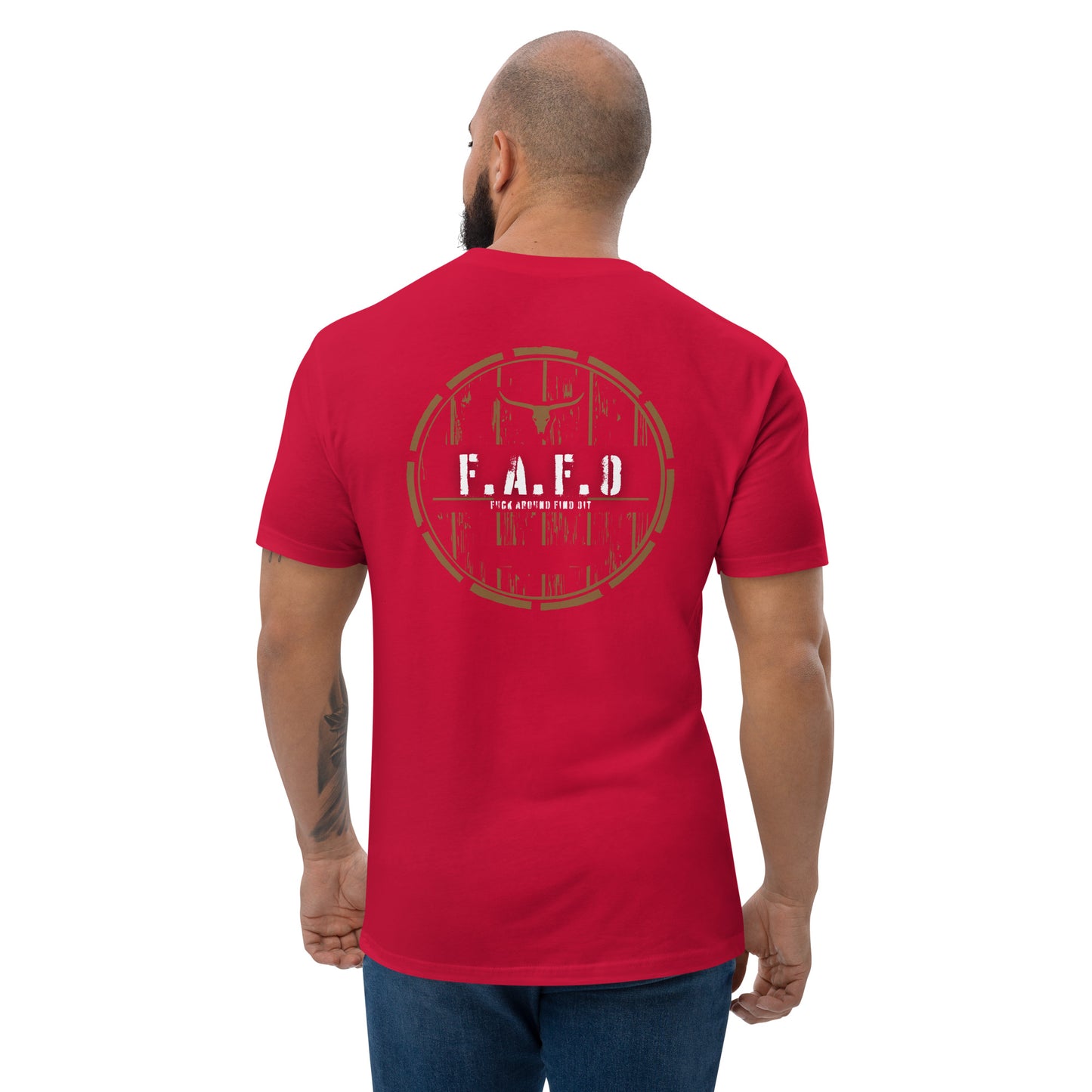 a man wearing a red t - shirt that says faafd