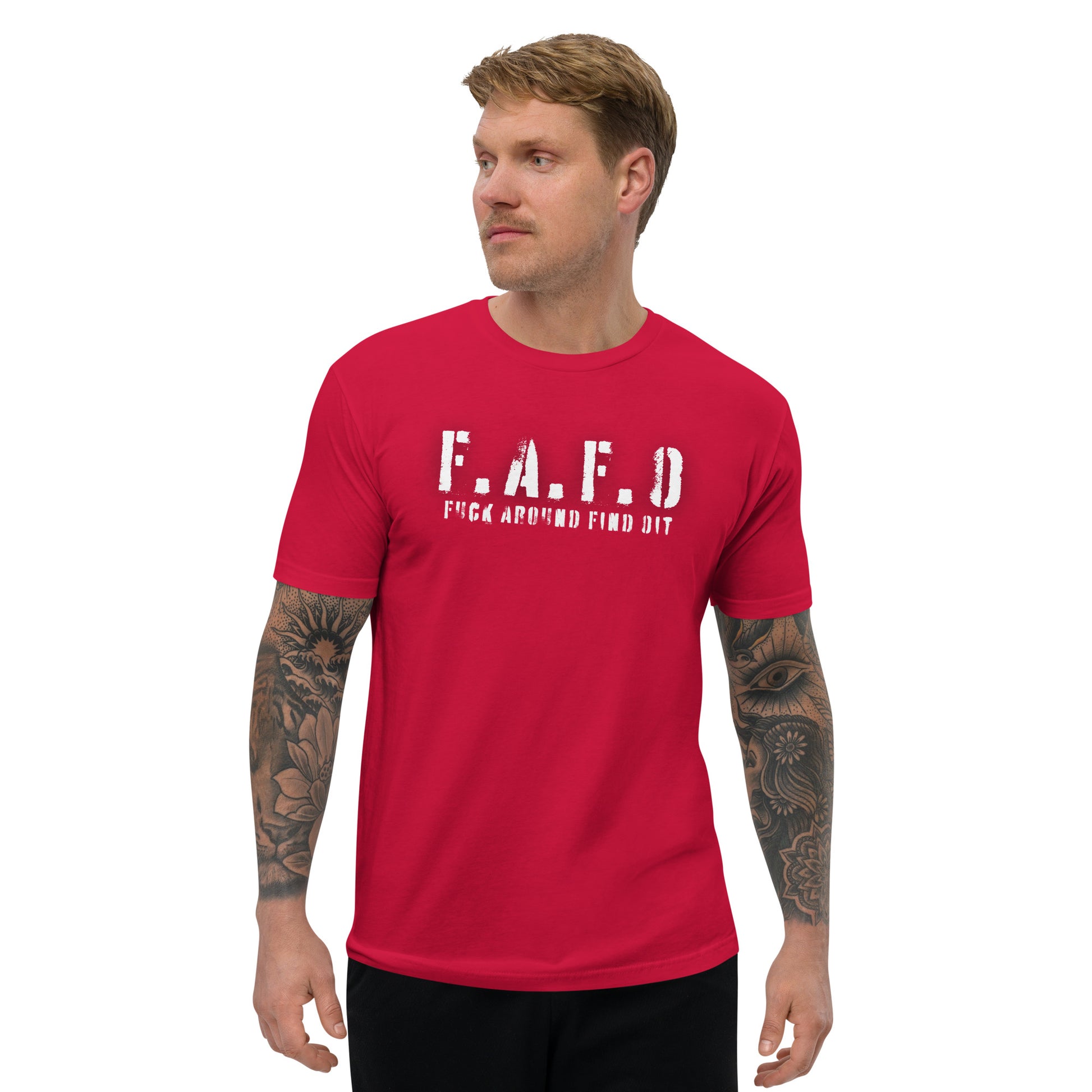 a man wearing a red t - shirt that says f a f d