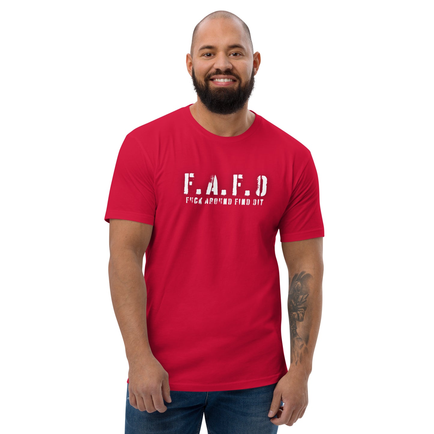 a man with a beard wearing a red t - shirt