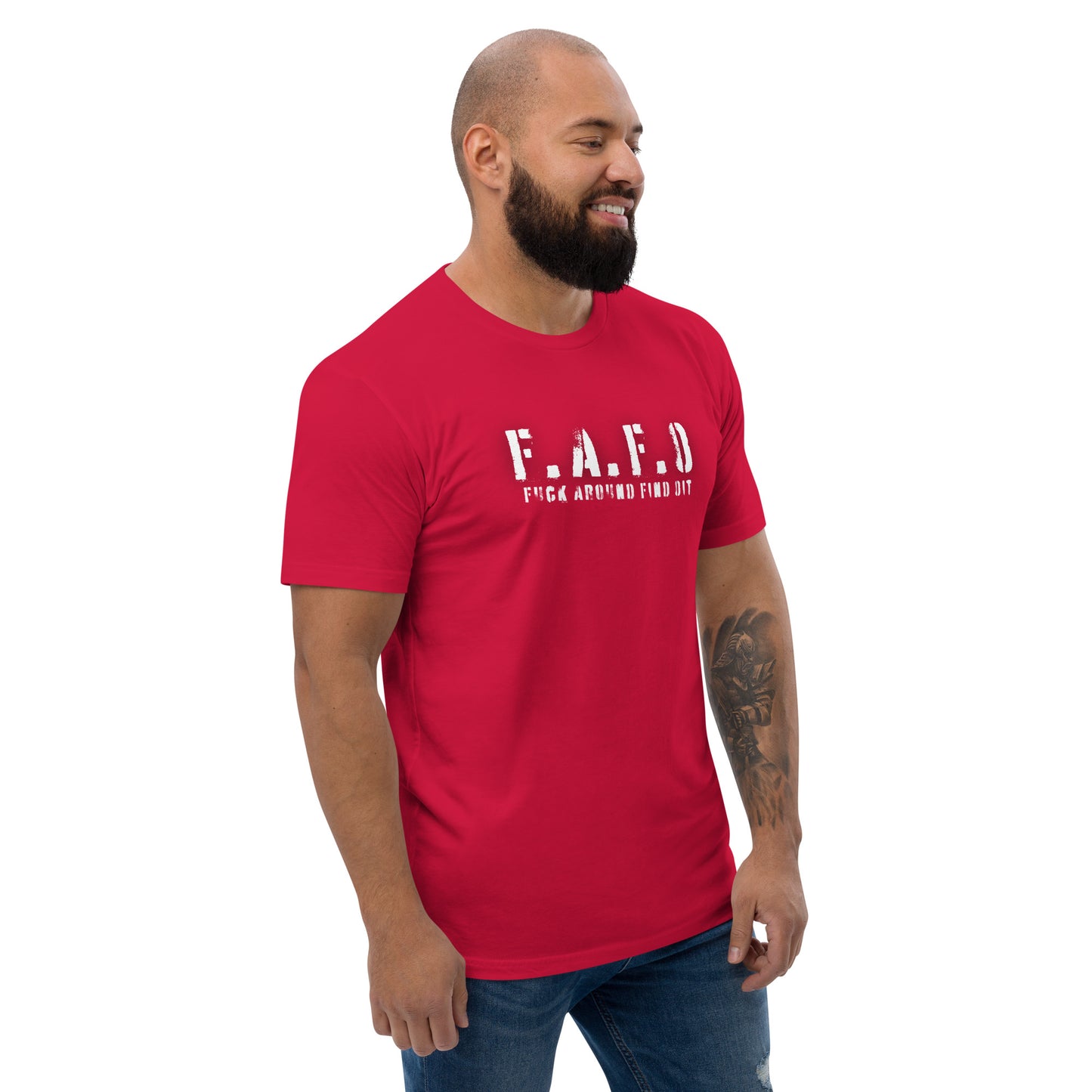 a man with a beard wearing a red t - shirt