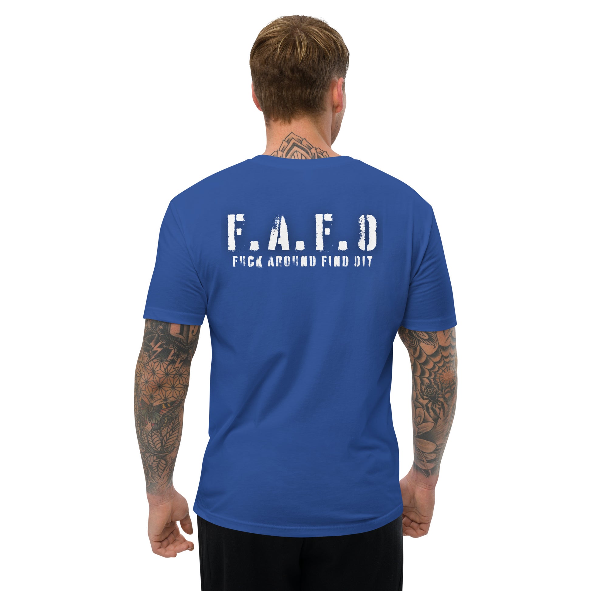 a man wearing a blue t - shirt with the words f a f d printed