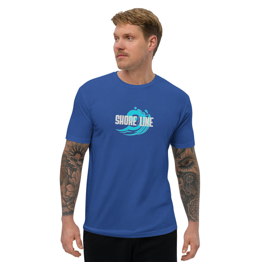 a man wearing a blue shirt with the words shore one on it