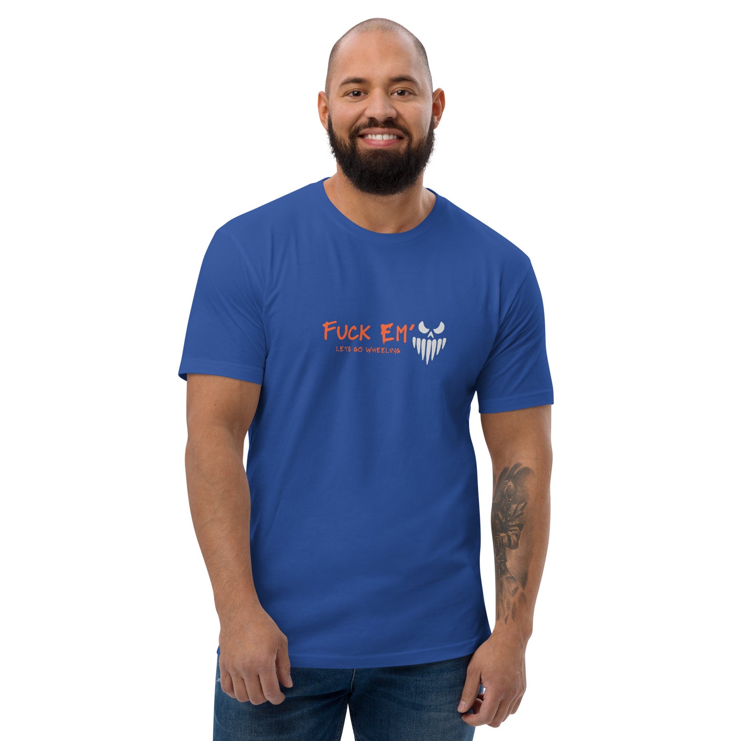 a man with a beard wearing a blue t - shirt