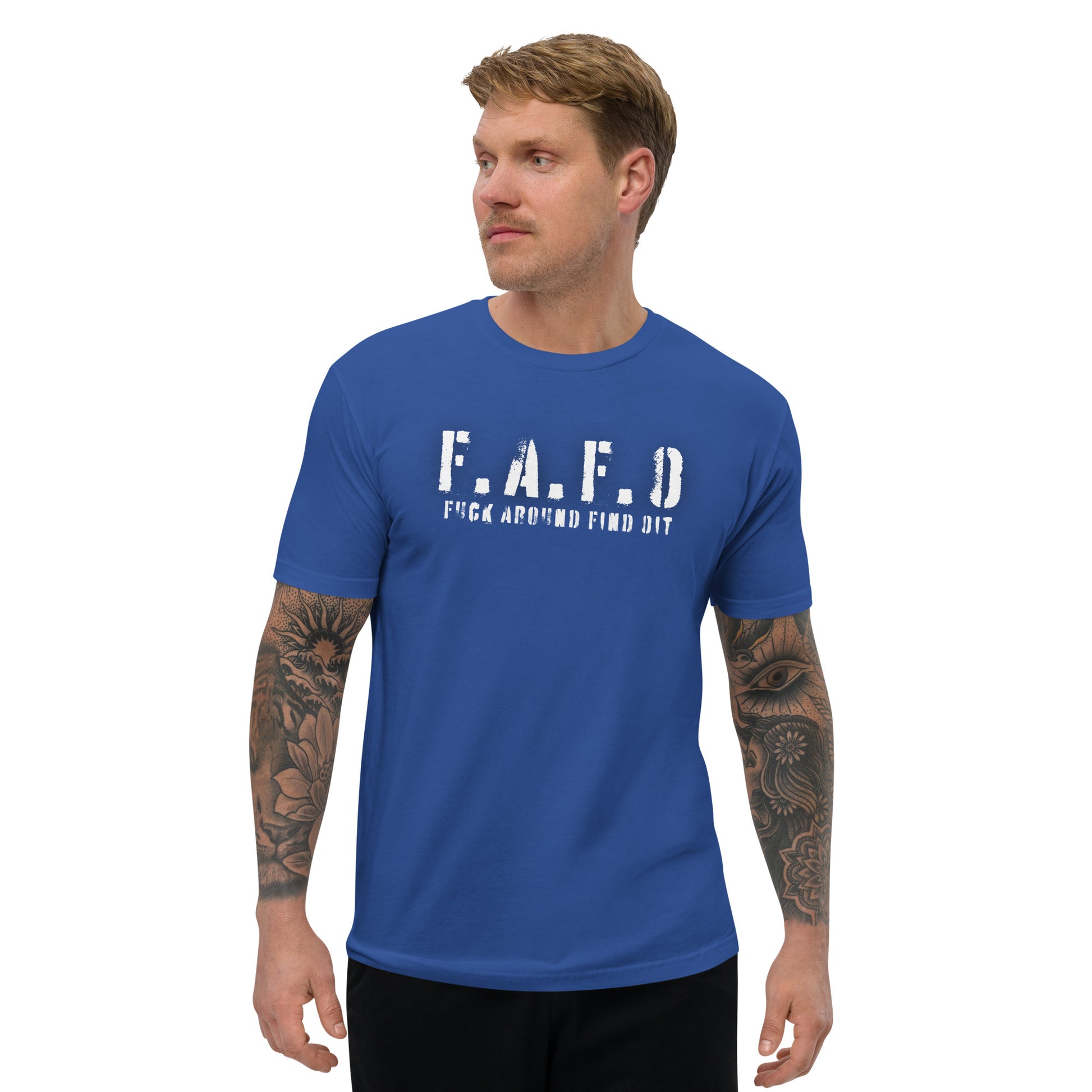 a man wearing a blue t - shirt that says f a f d