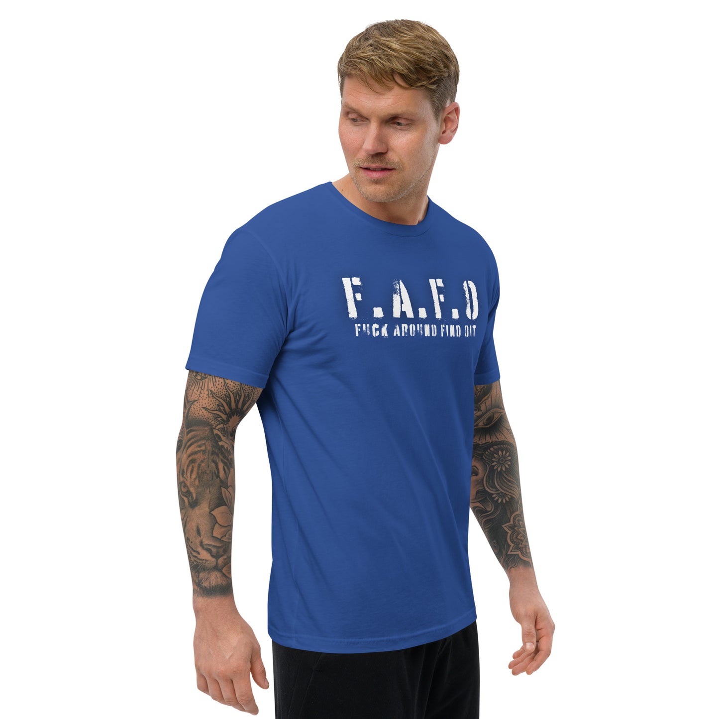 a man wearing a blue t - shirt with the word f a f d on