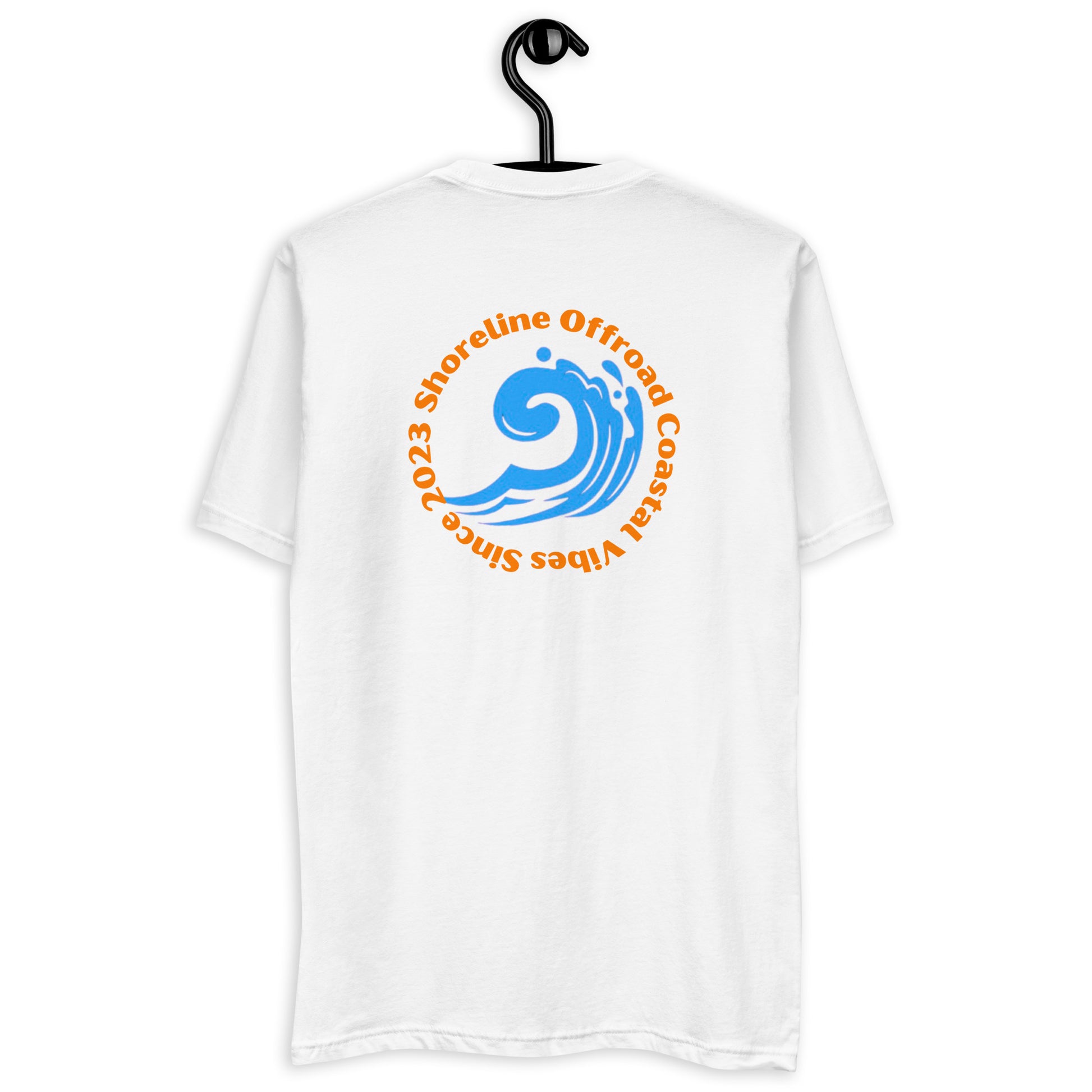 a white t - shirt with an orange and blue logo