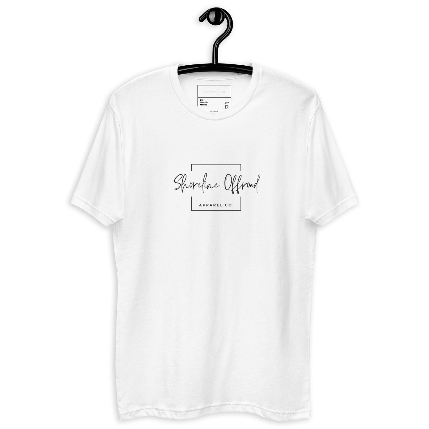 a white t - shirt hanging on a black hanger