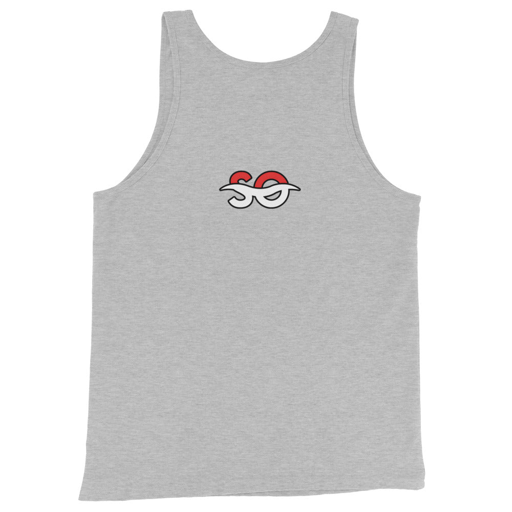 a grey tank top with a red and white logo