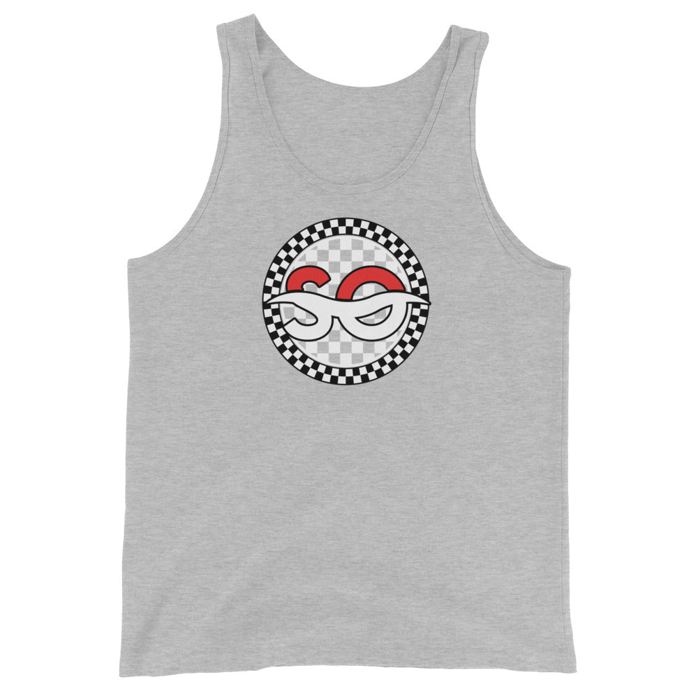 a grey tank top with a red and white clown face on it