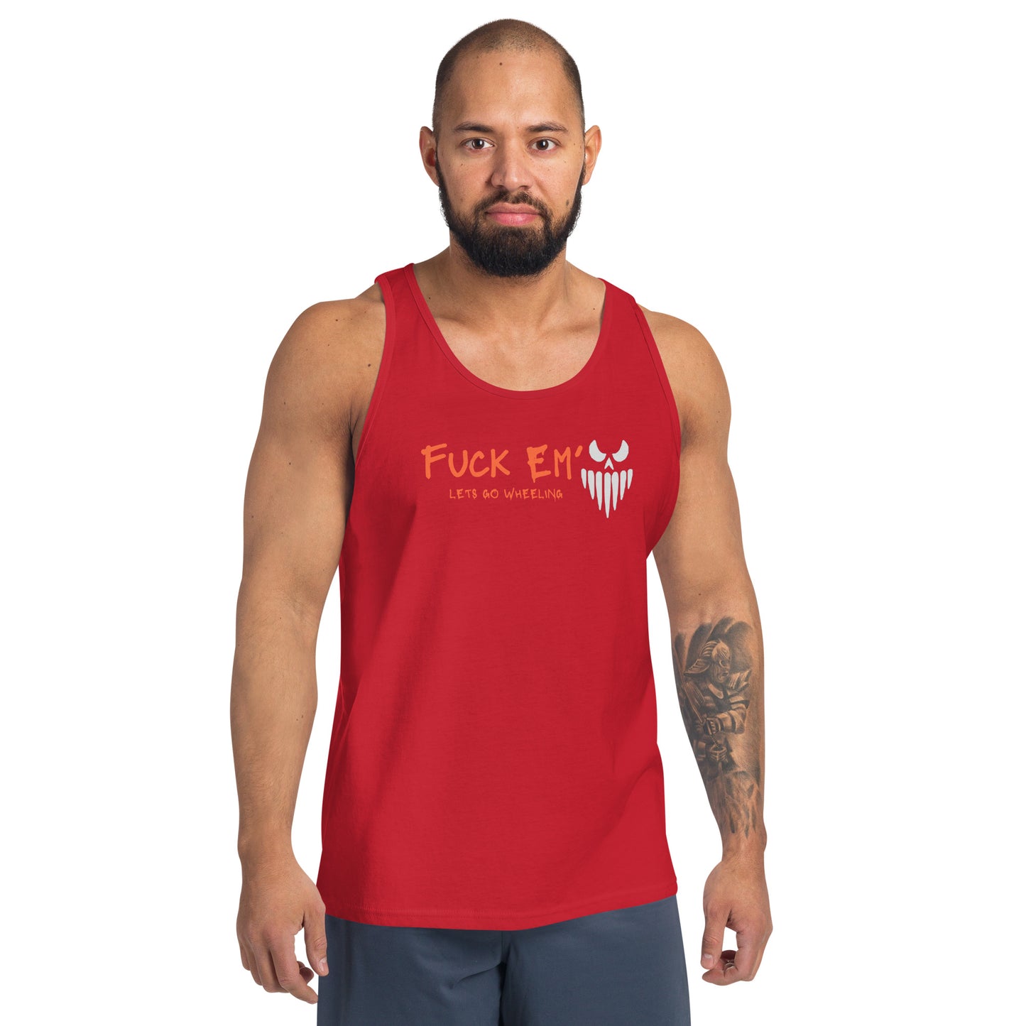 a man with a beard wearing a red tank top