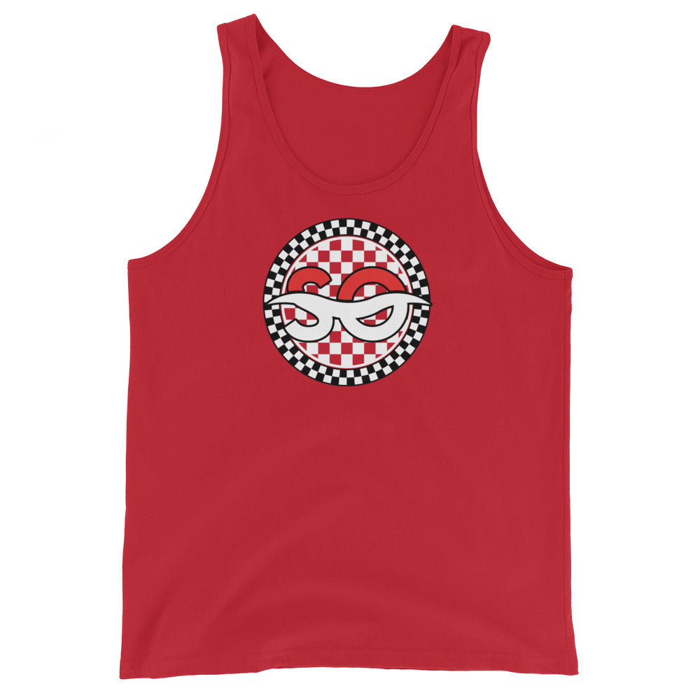 a red tank top with a checkered design on it