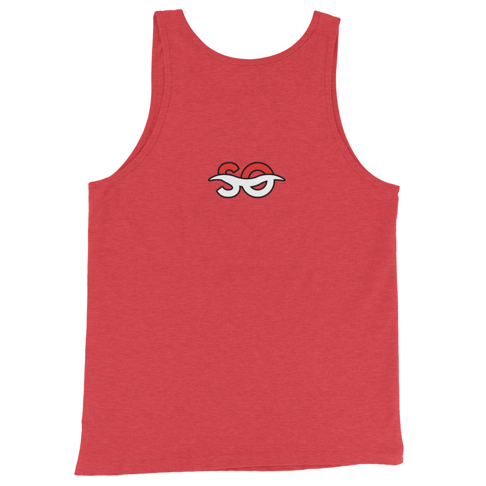 a red tank top with an eye drawn on it