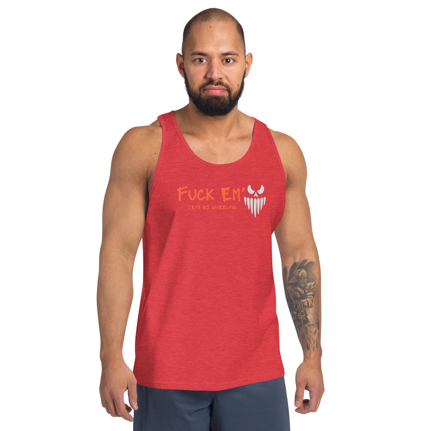 a man with a beard wearing a red tank top