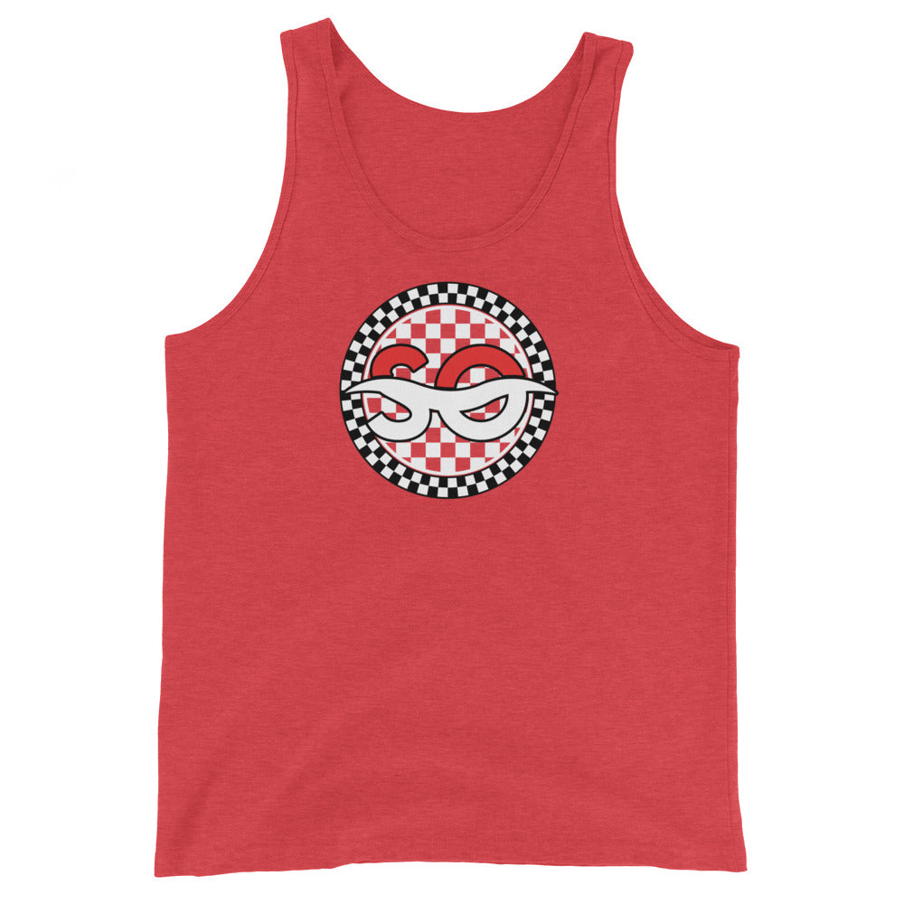 a red tank top with a picture of a mask on it