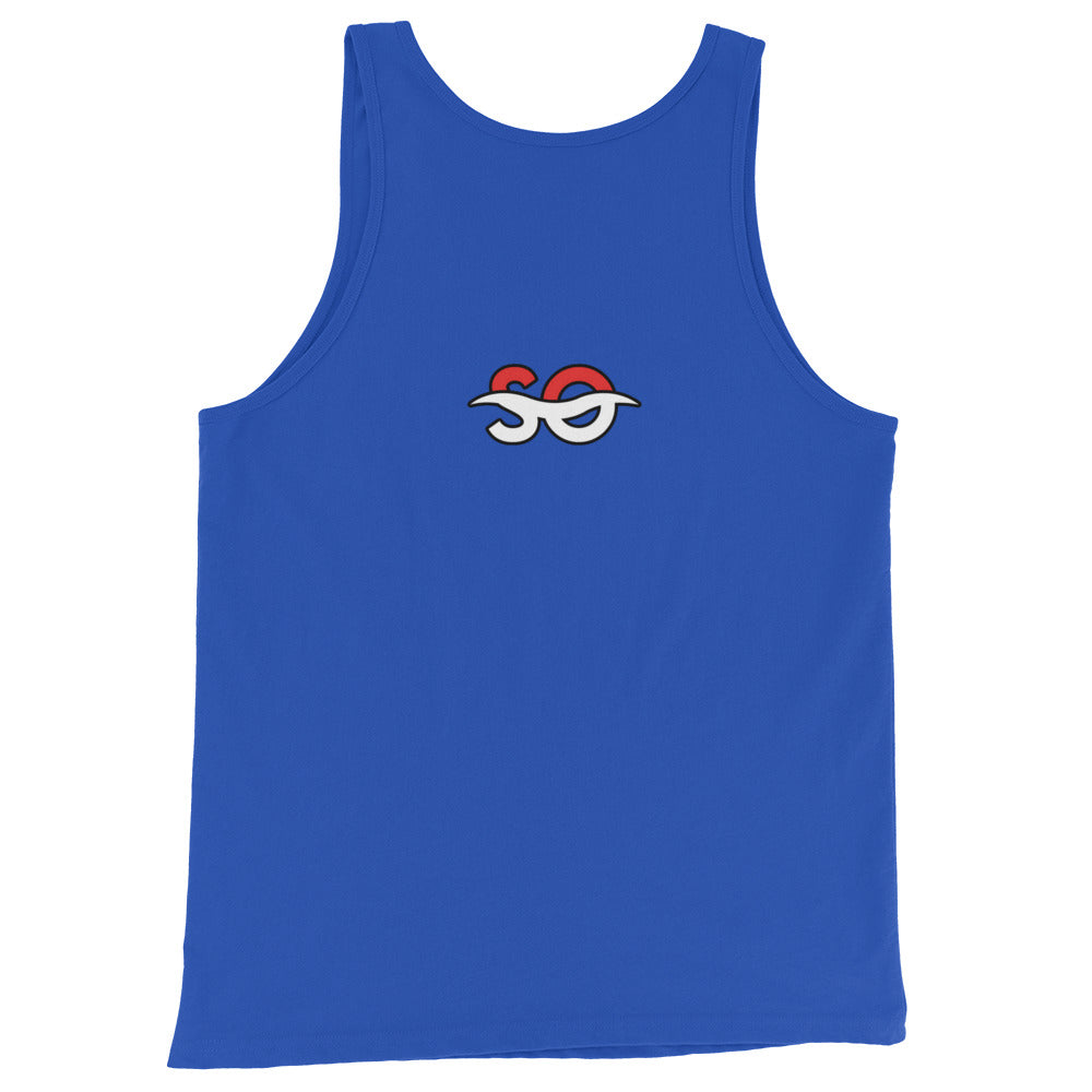 a blue tank top with an om symbol on it