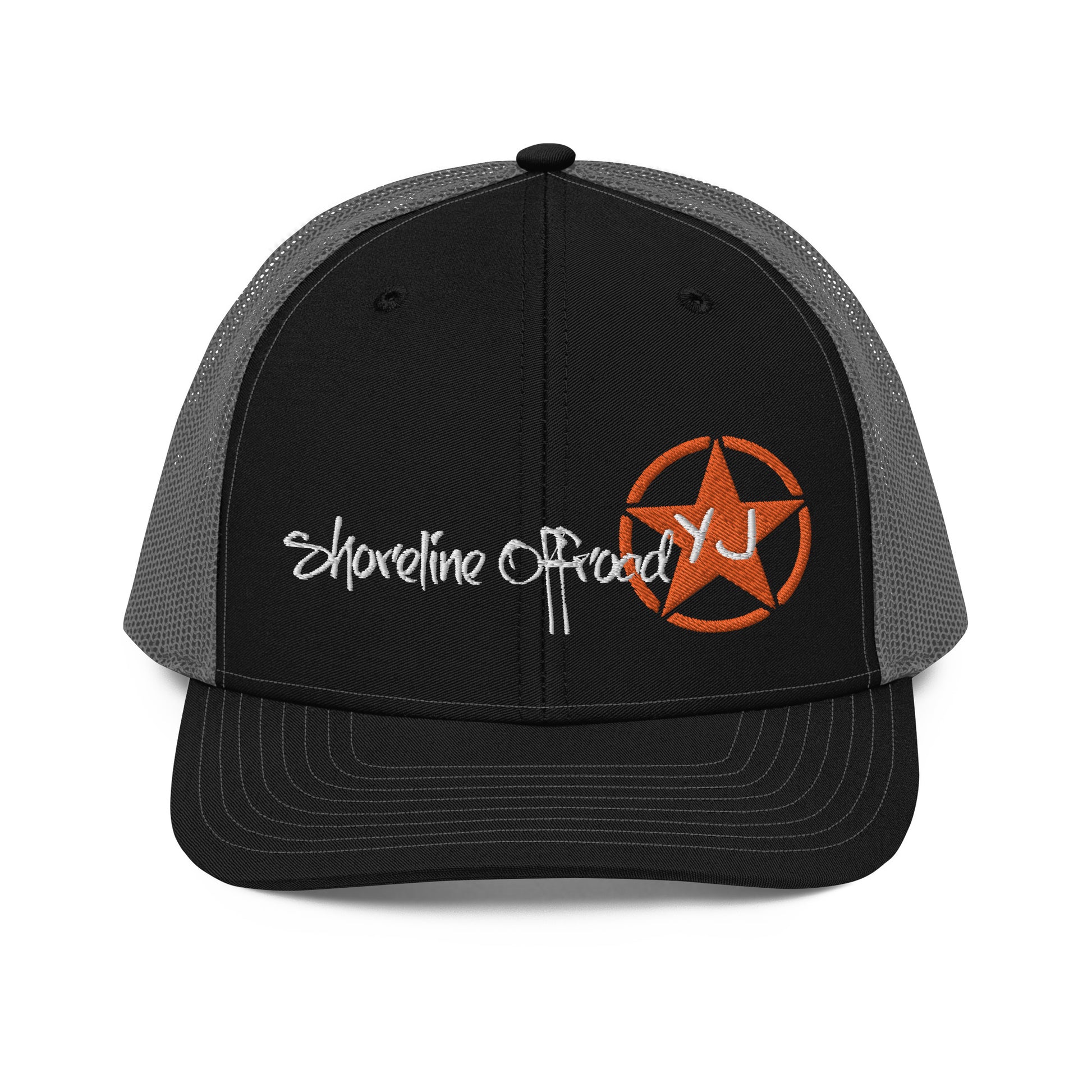 a black and gray trucker hat with the words shoreline off road on it