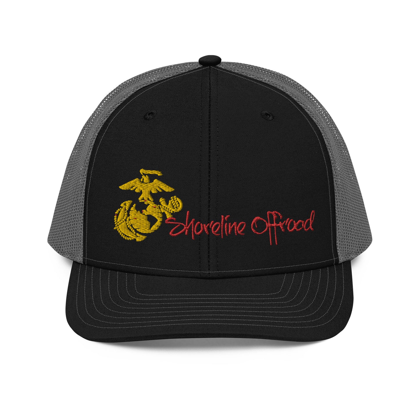 a black and gray hat with the marine emblem on it