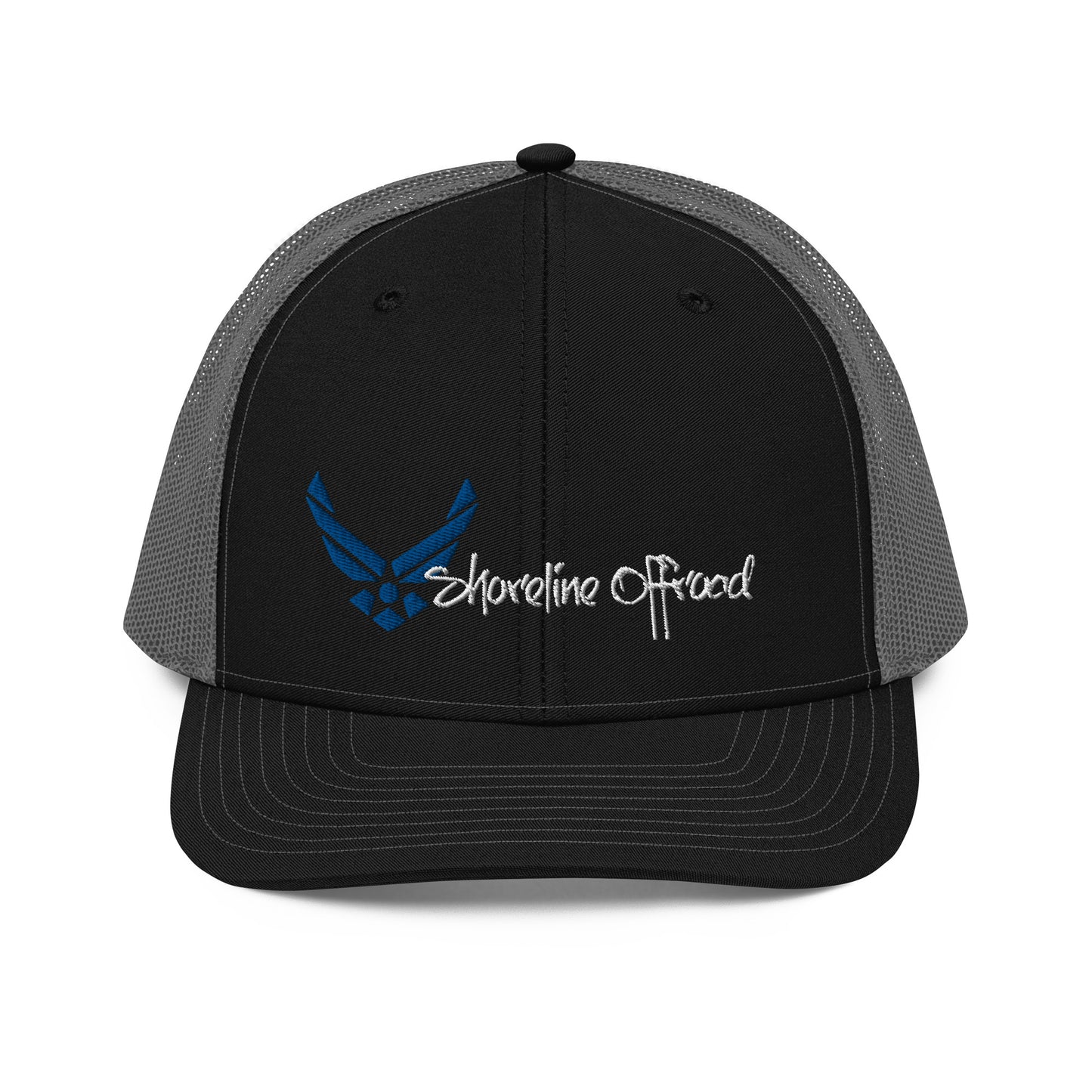 a black and gray trucker hat with a blue eagle on it