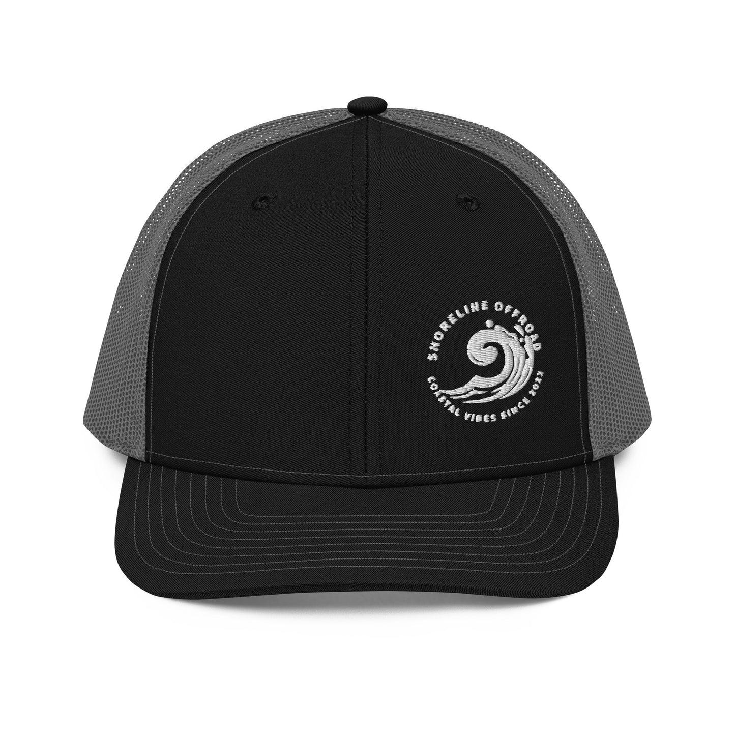 a black and grey trucker hat with a white logo