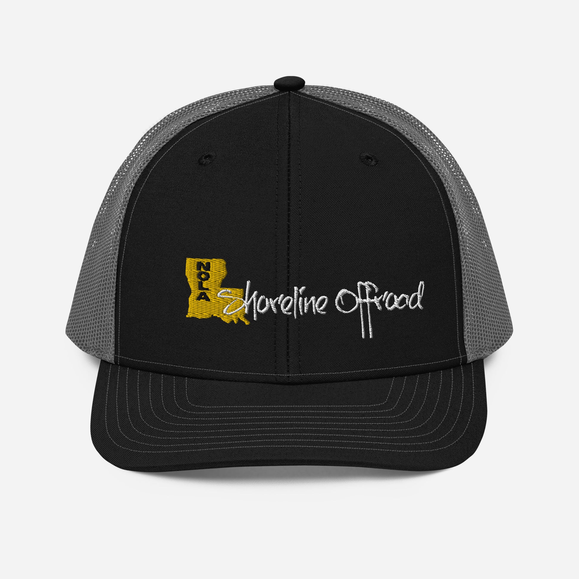 a black and gray trucker hat with the logo of the state of rhode