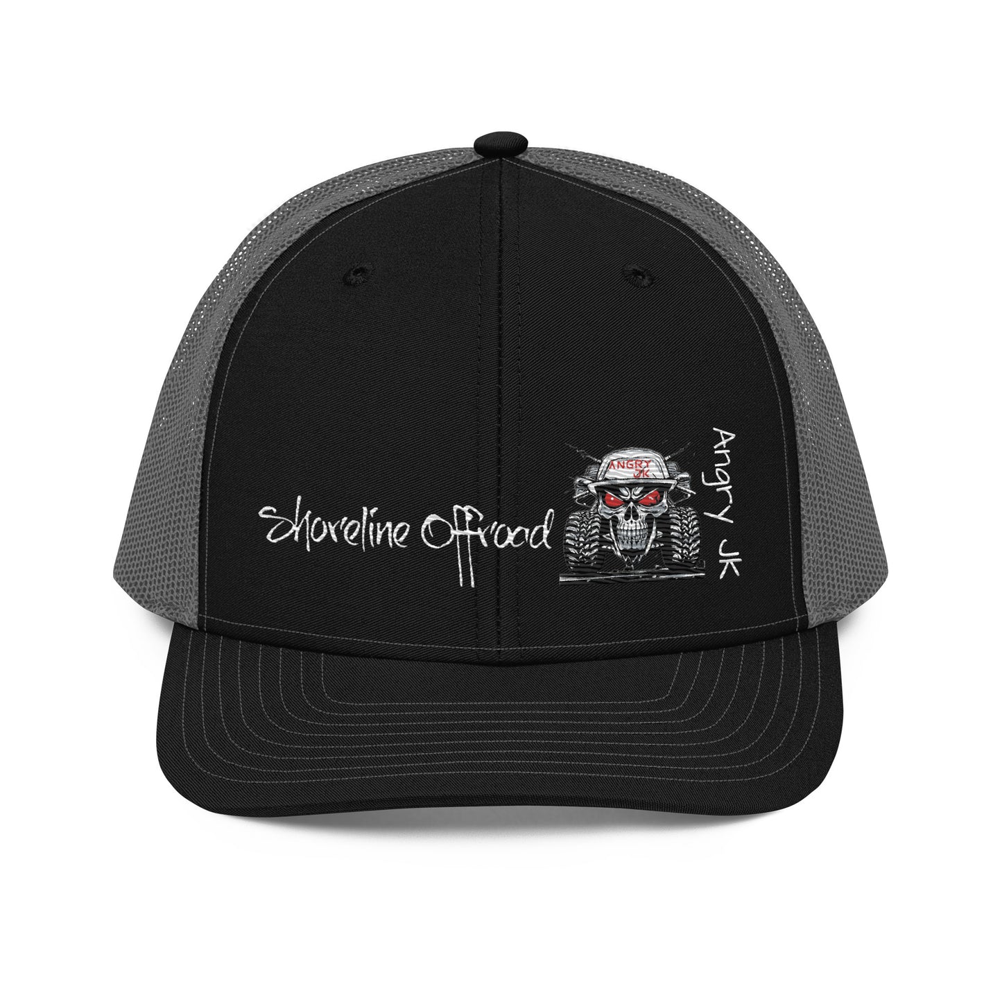 a black and gray trucker hat with a skull on it