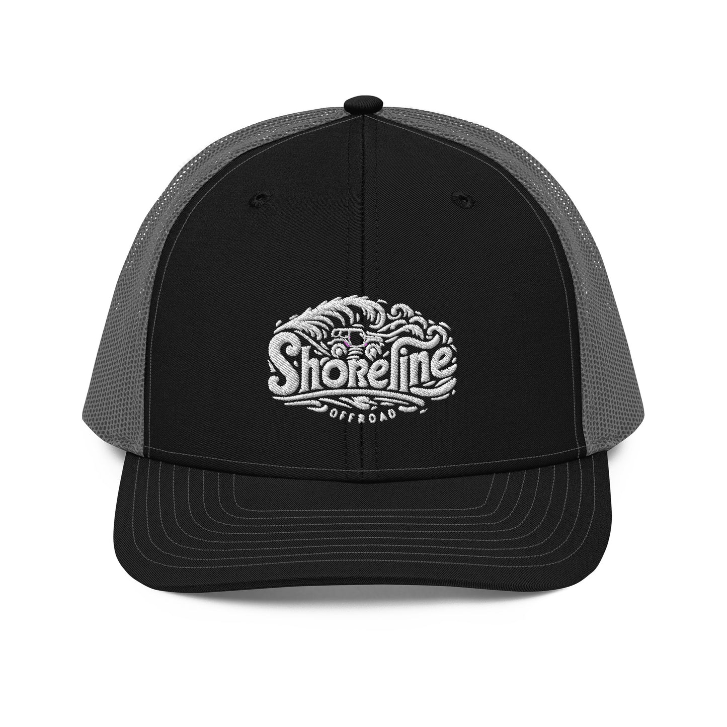 a black and grey trucker hat with the words shoreline on it