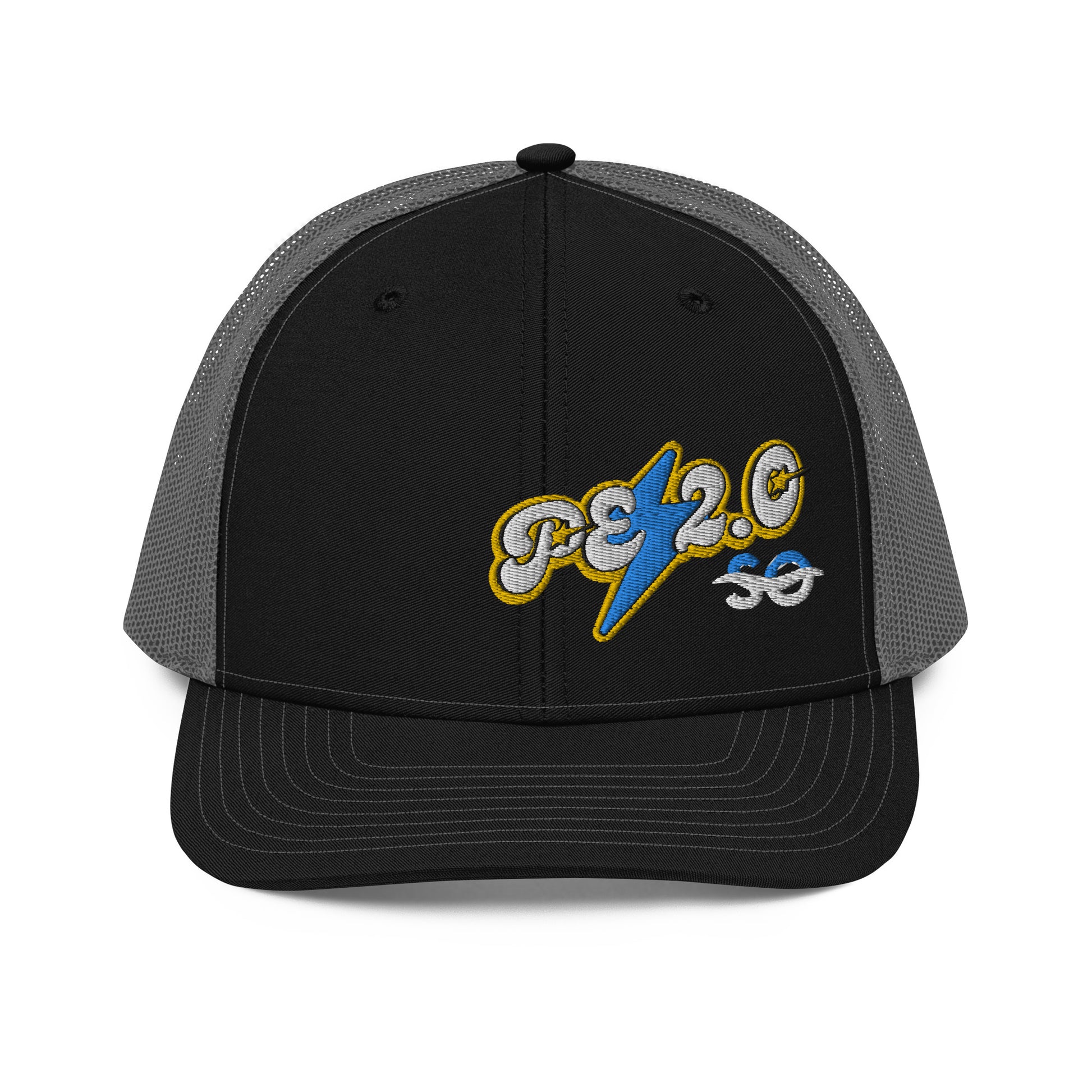 a black and gray hat with a blue and yellow logo