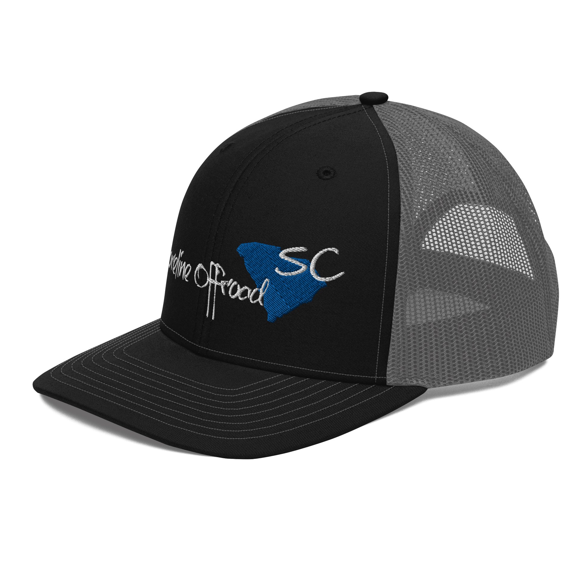a black and gray trucker hat with the word, the school of sc on