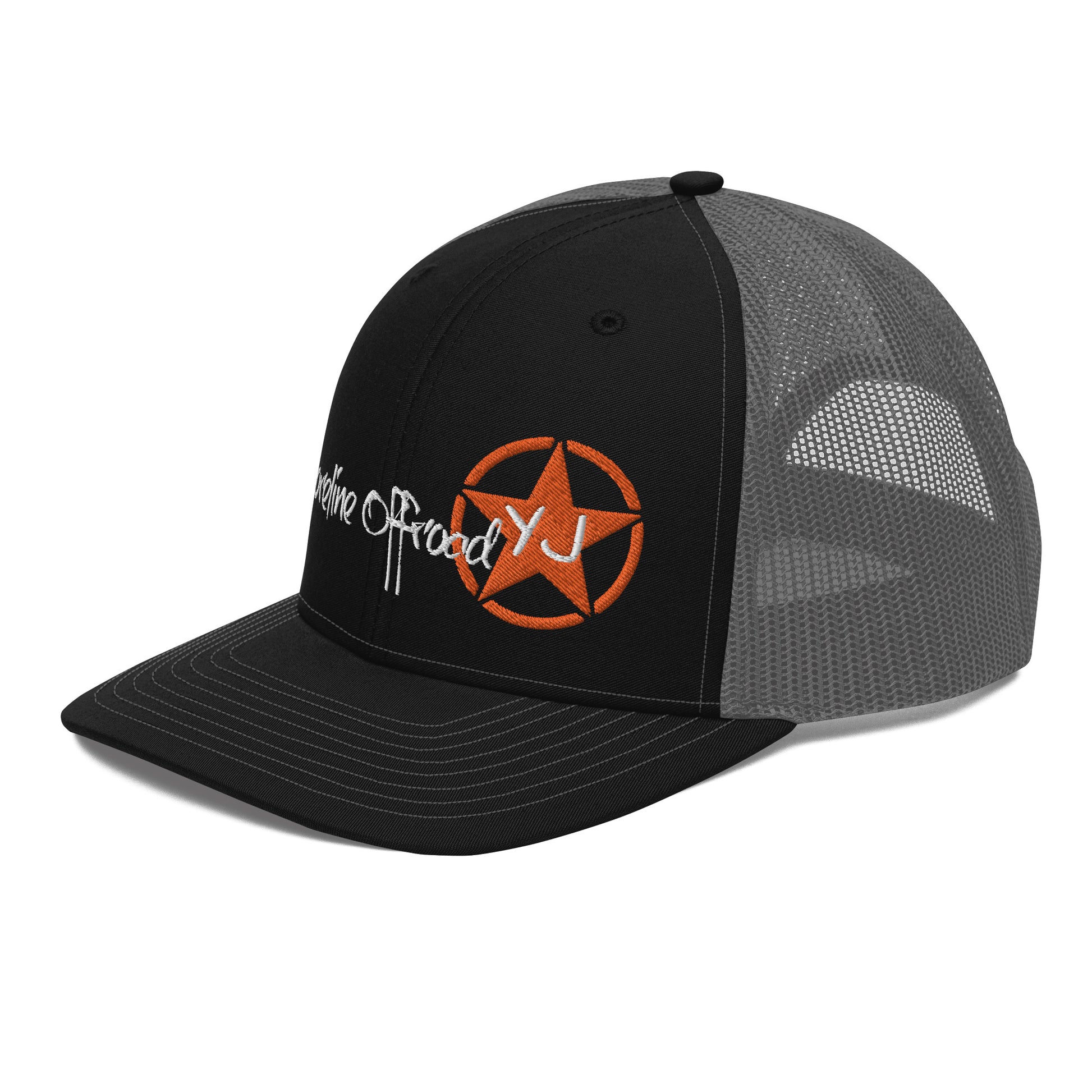 a black and grey trucker hat with an orange star on it