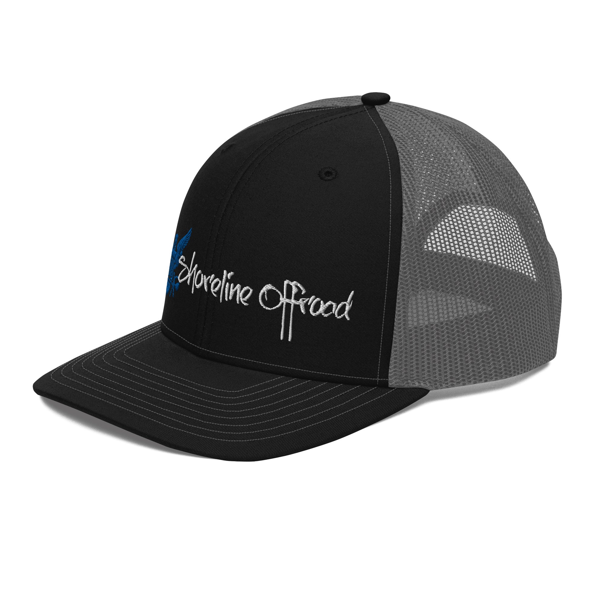 a black and grey trucker hat with the words shoreline beach on it