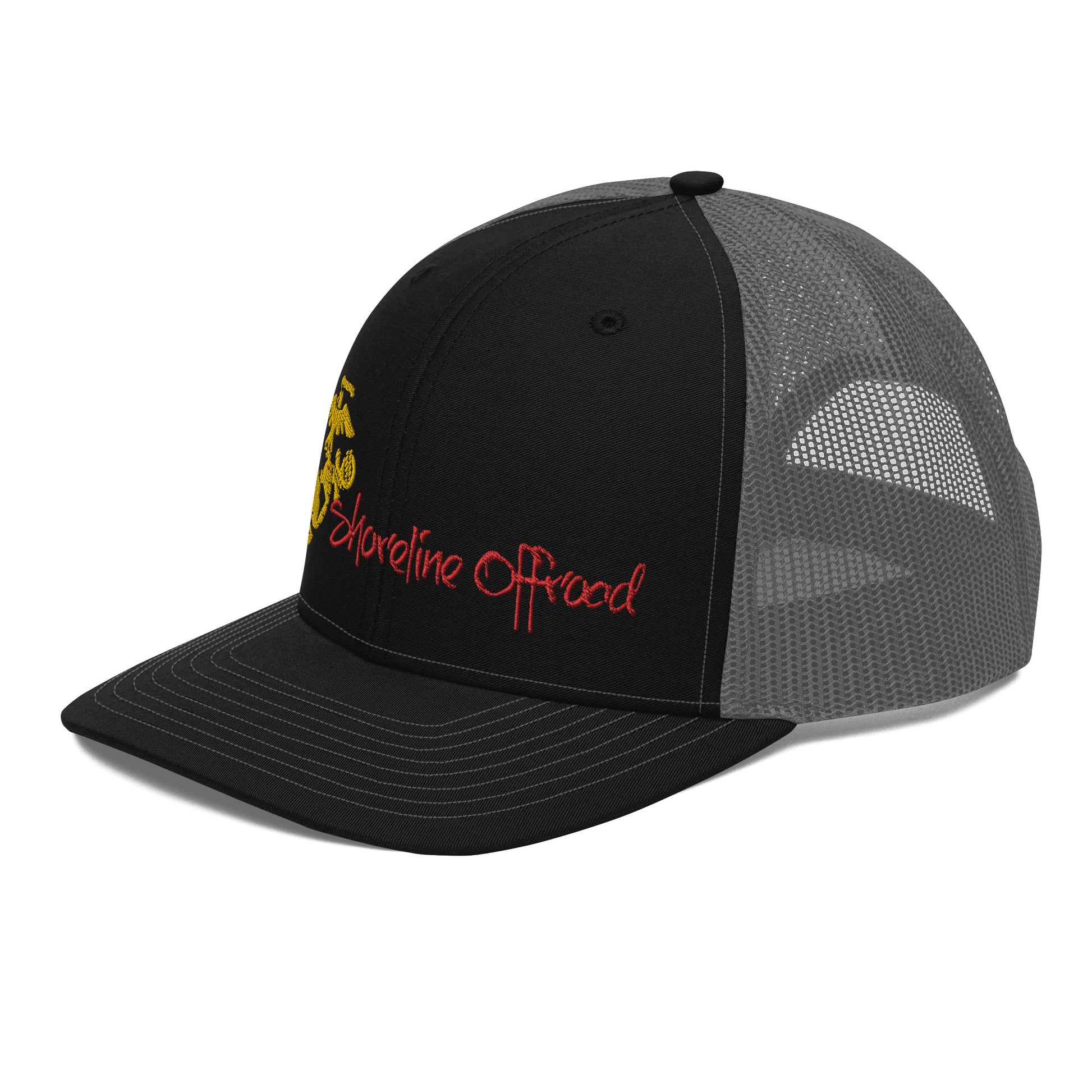 a black and grey hat with a yellow and red logo