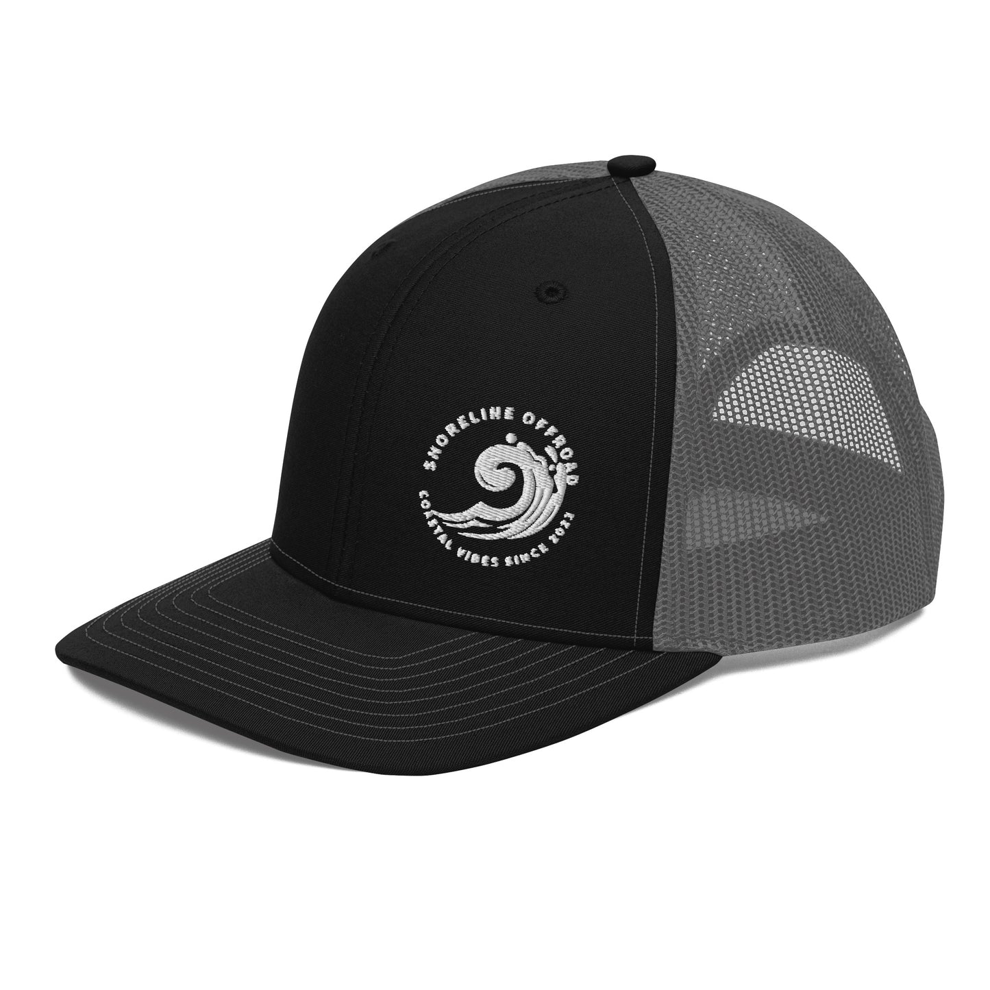 a black and grey hat with a white logo