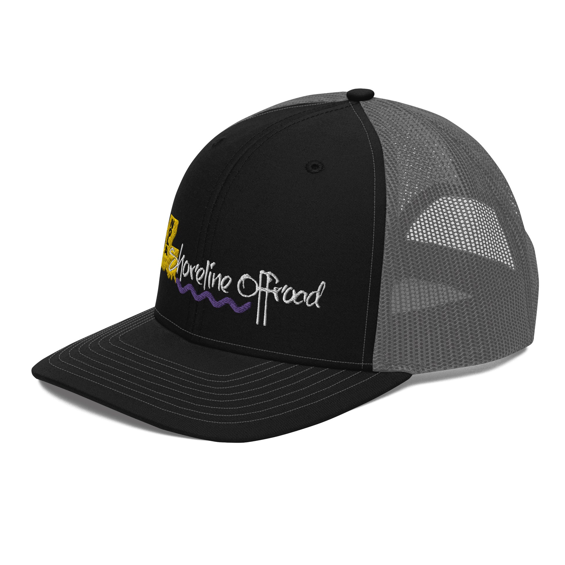 a black and grey trucker hat with the words sunshine road on it