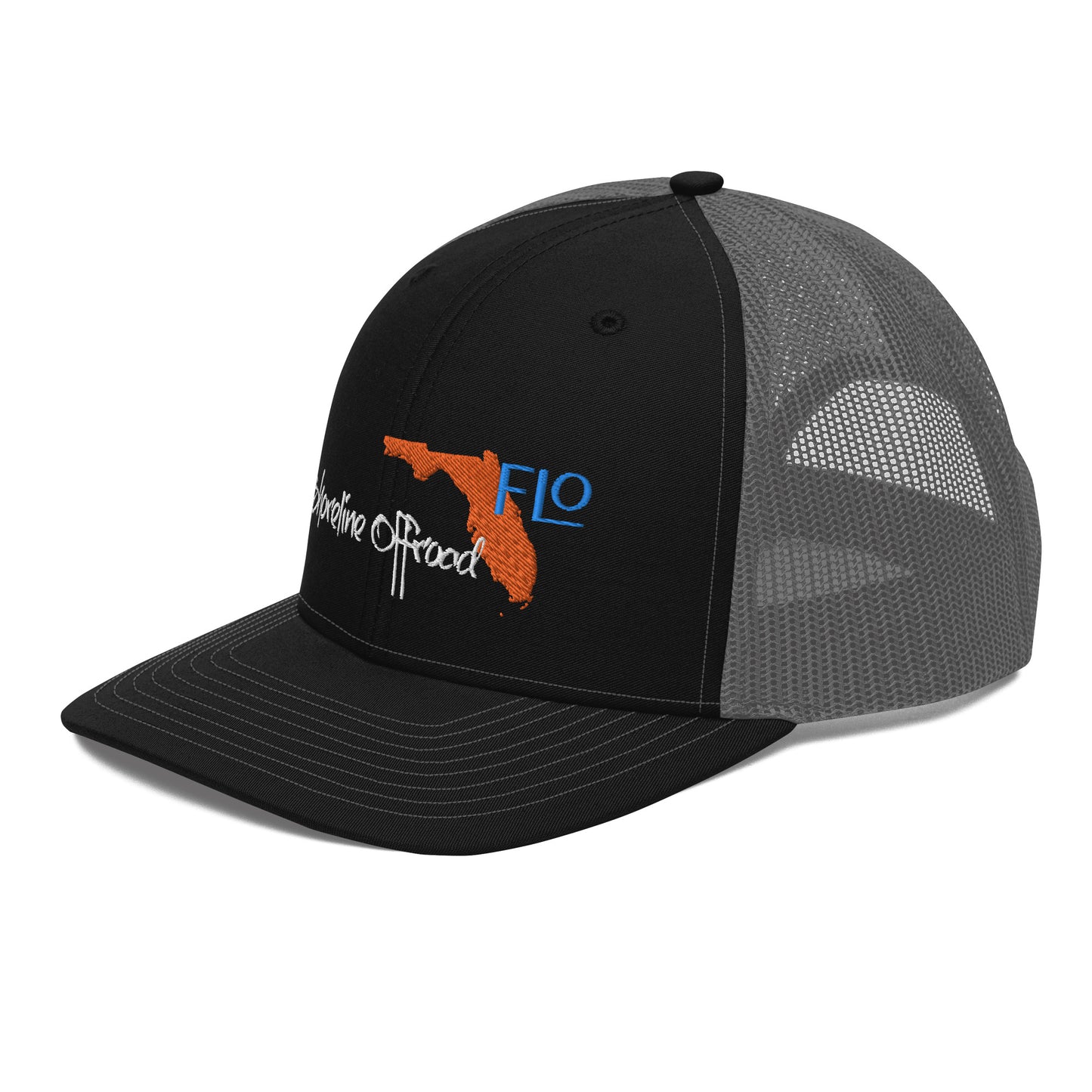 a black and gray trucker hat with the state of florida on it