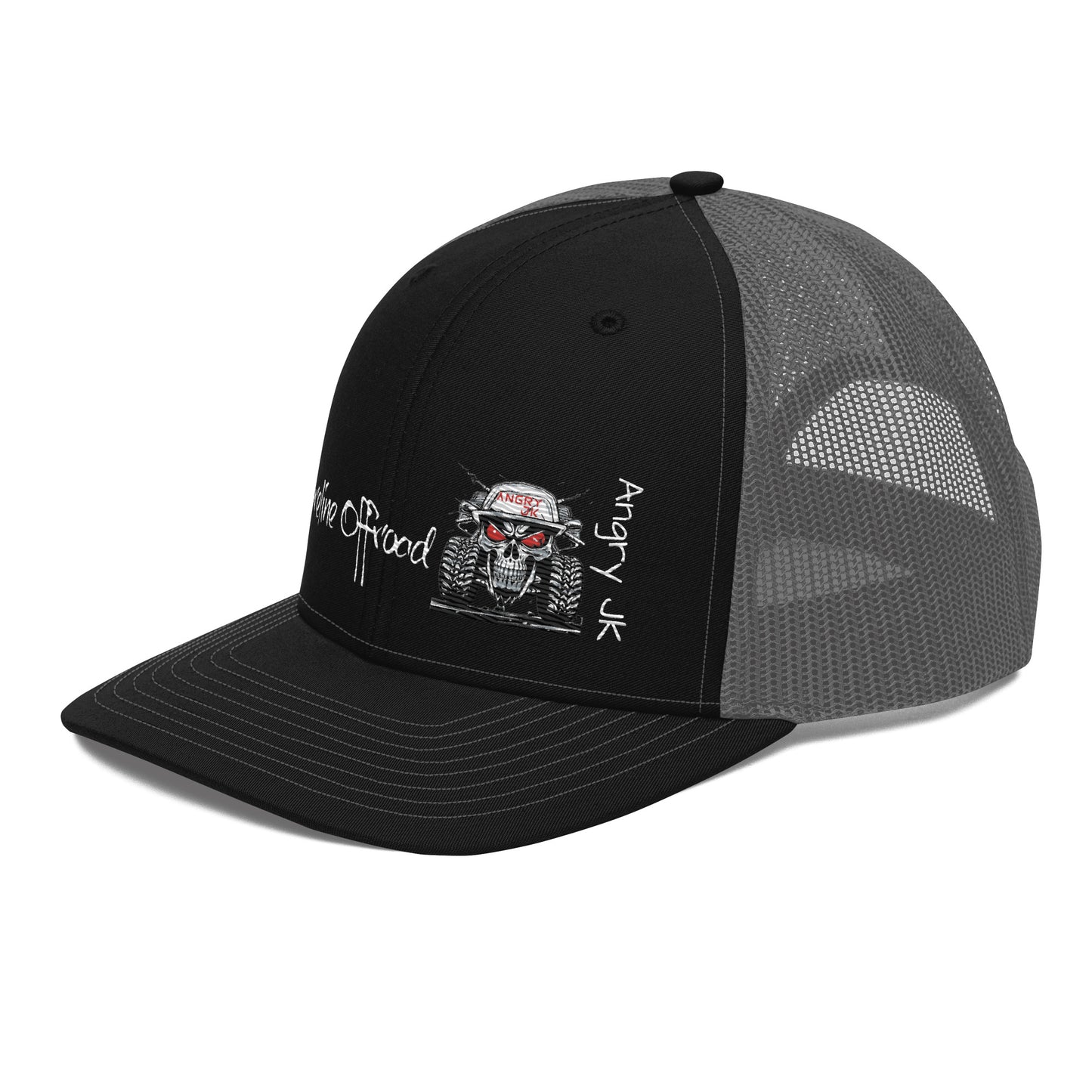 a black and grey trucker hat with a skull on it