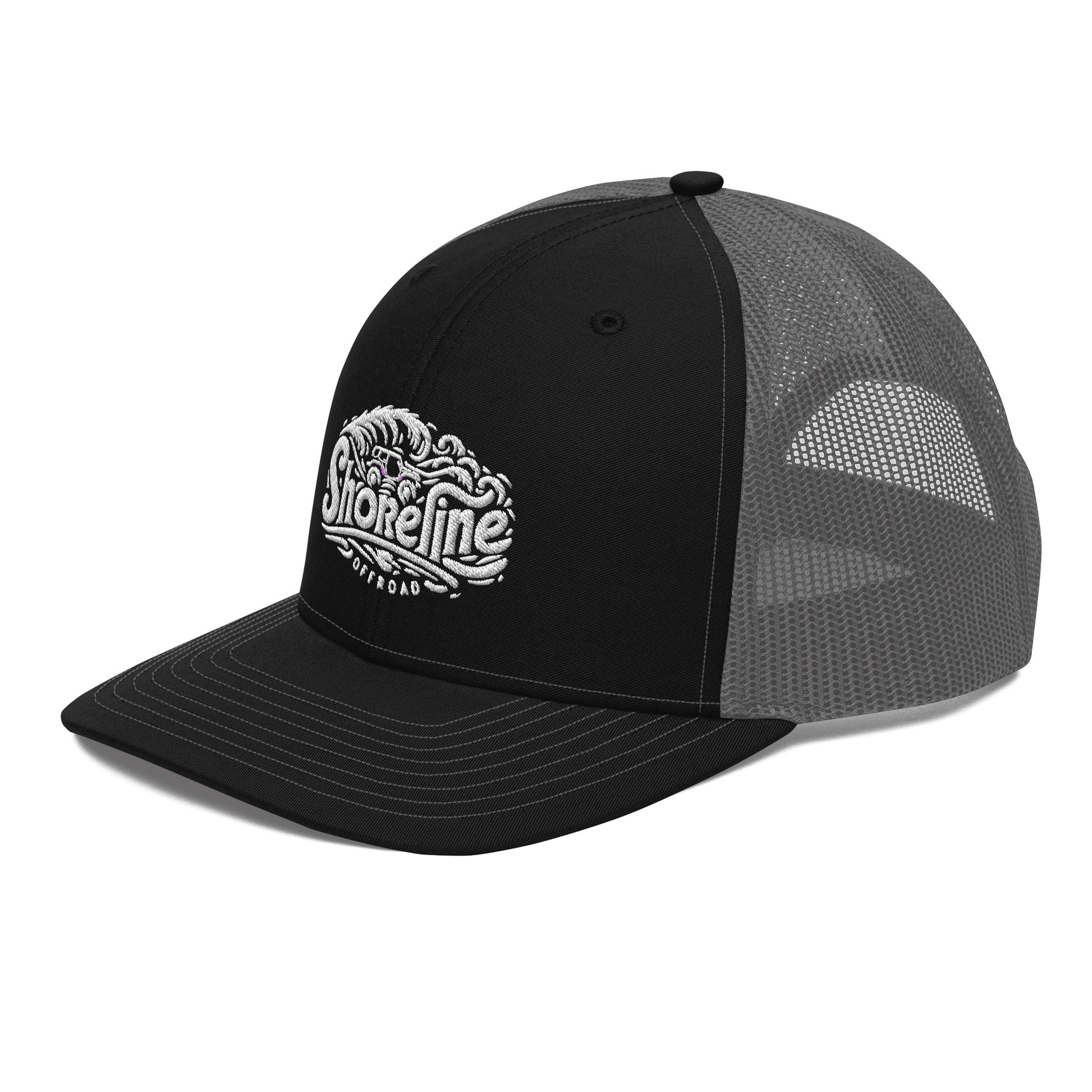 a black and grey trucker hat with a white logo