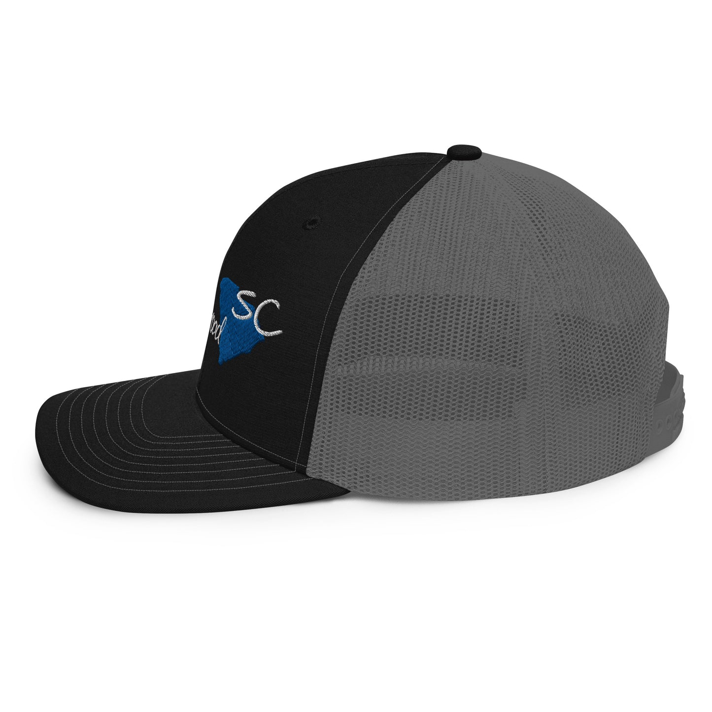 a black and grey hat with a blue and white logo