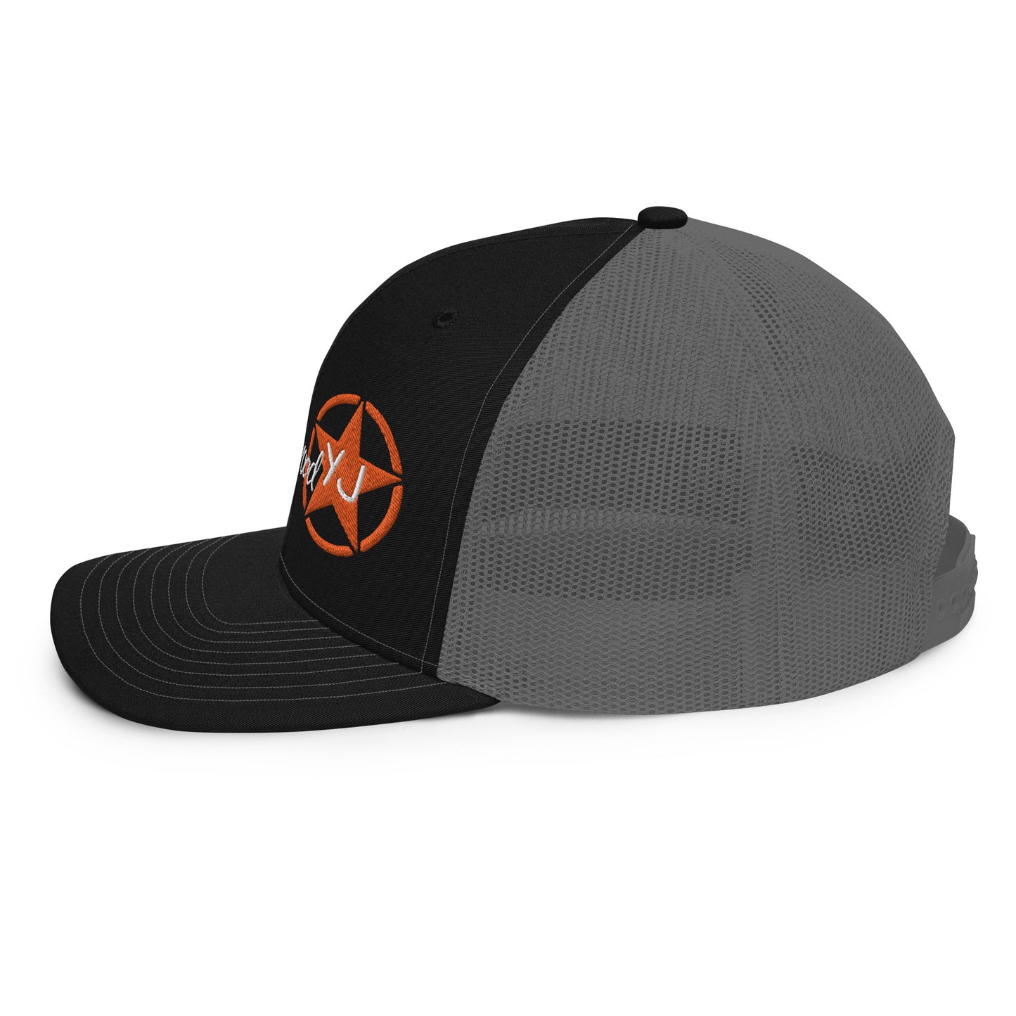 a black and grey hat with an orange star on it