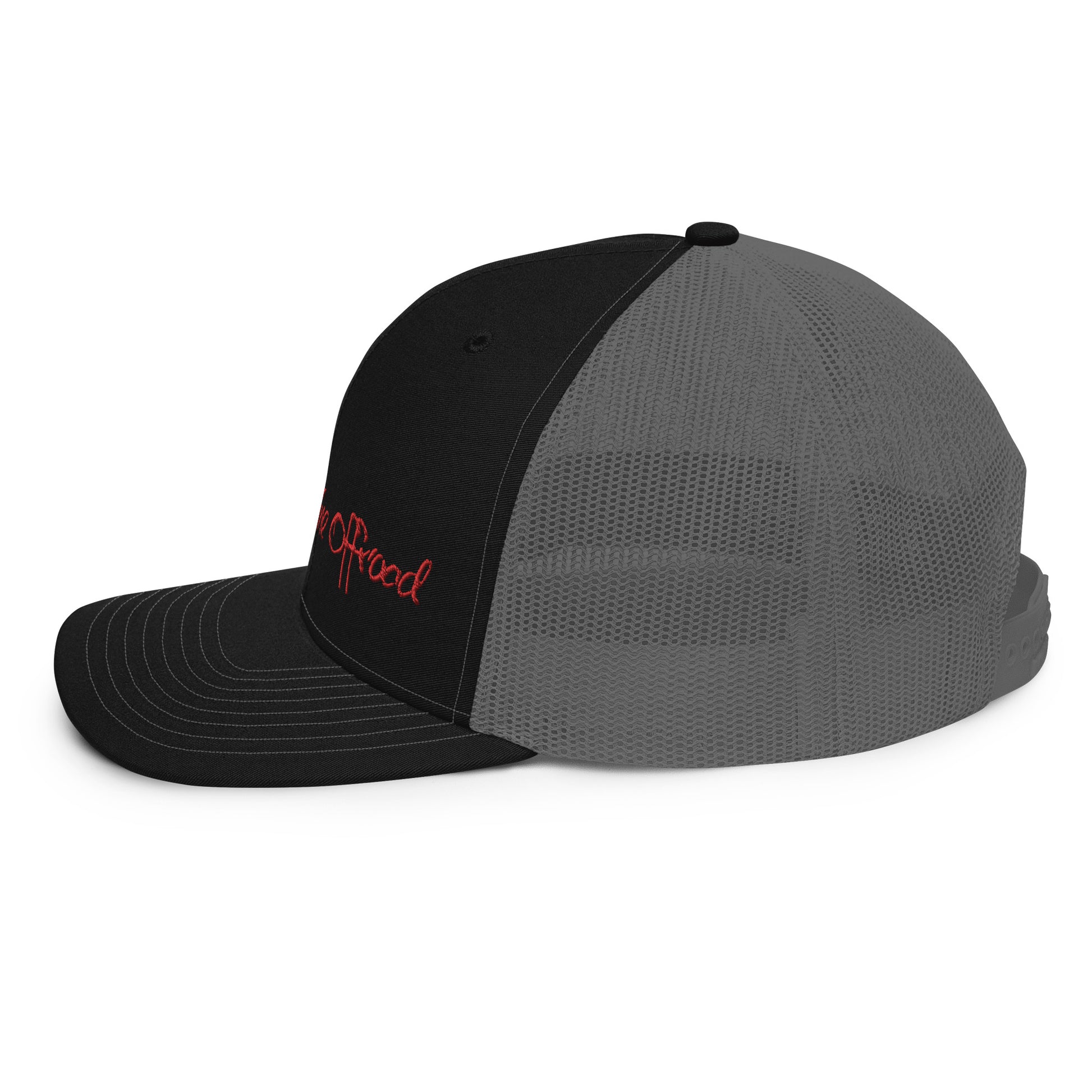 a black and grey hat with a red embroidered logo