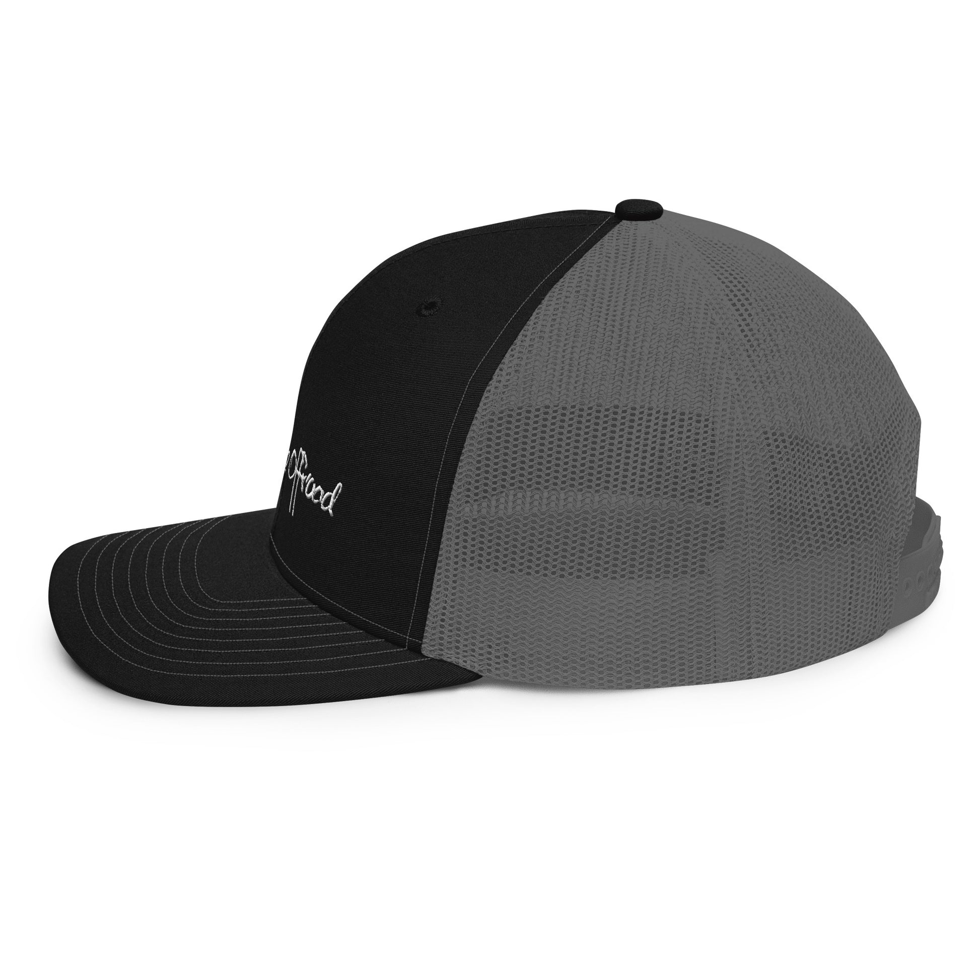 a black and grey hat on a white background