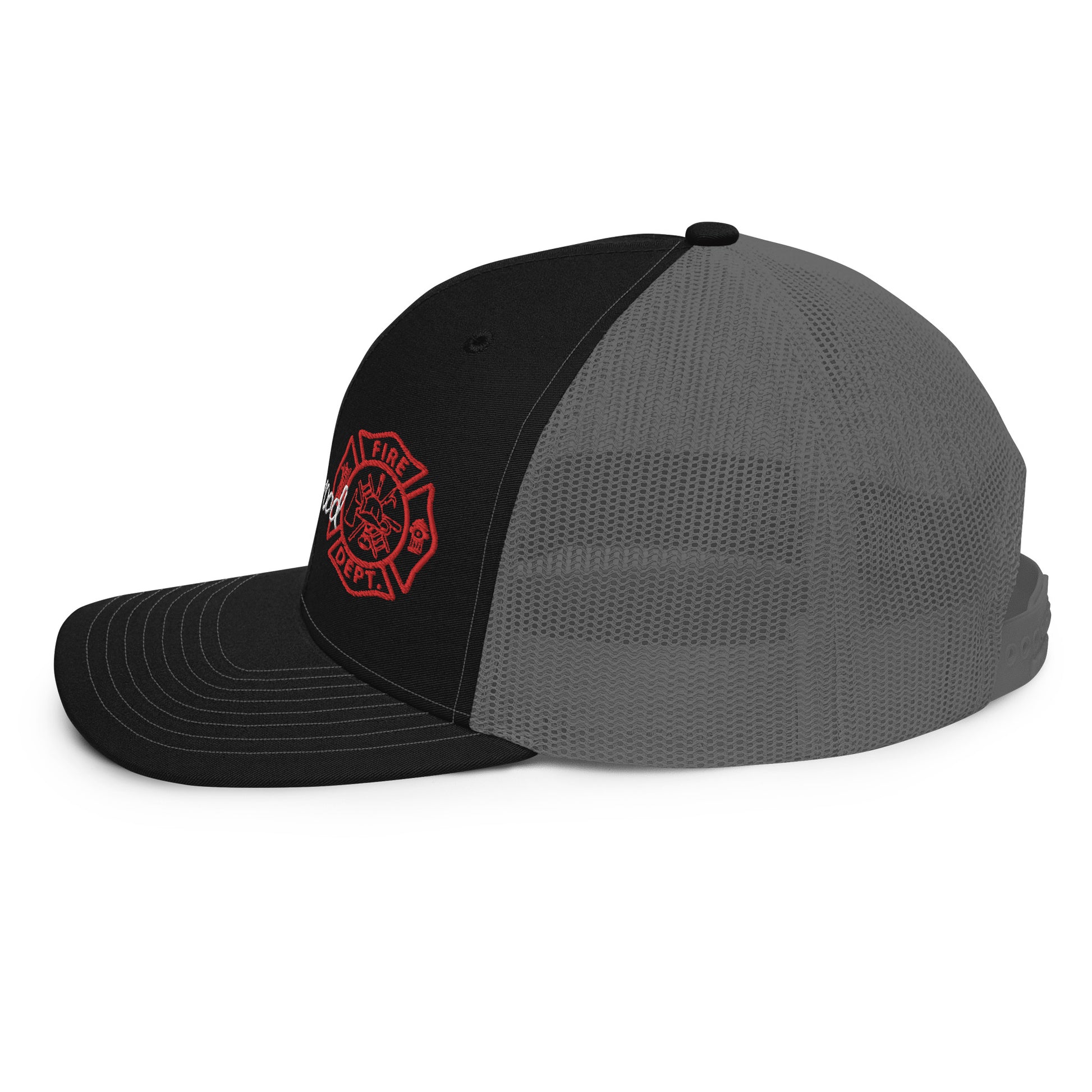 a black and grey hat with a red fire department emblem