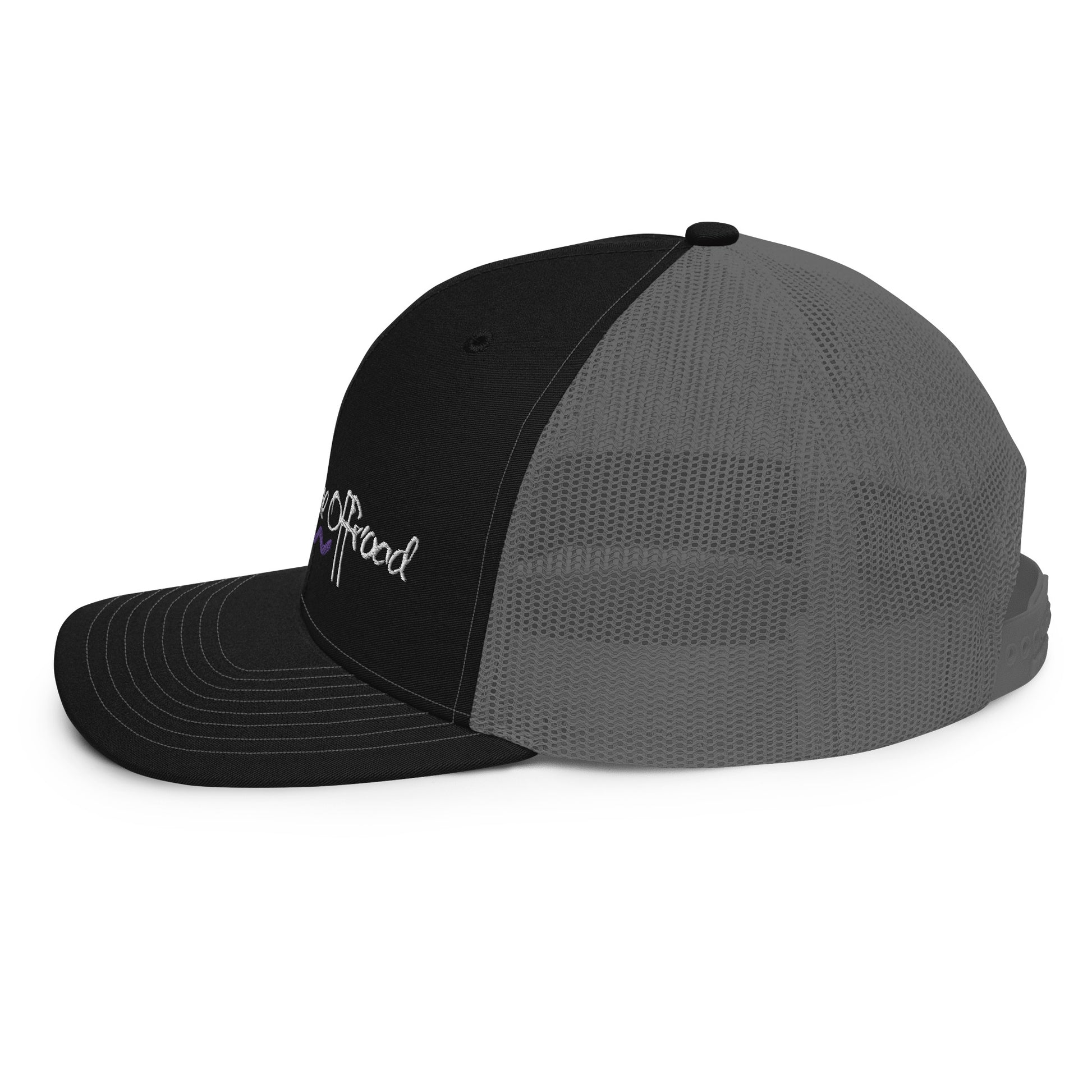 a black and grey hat with the word good on it