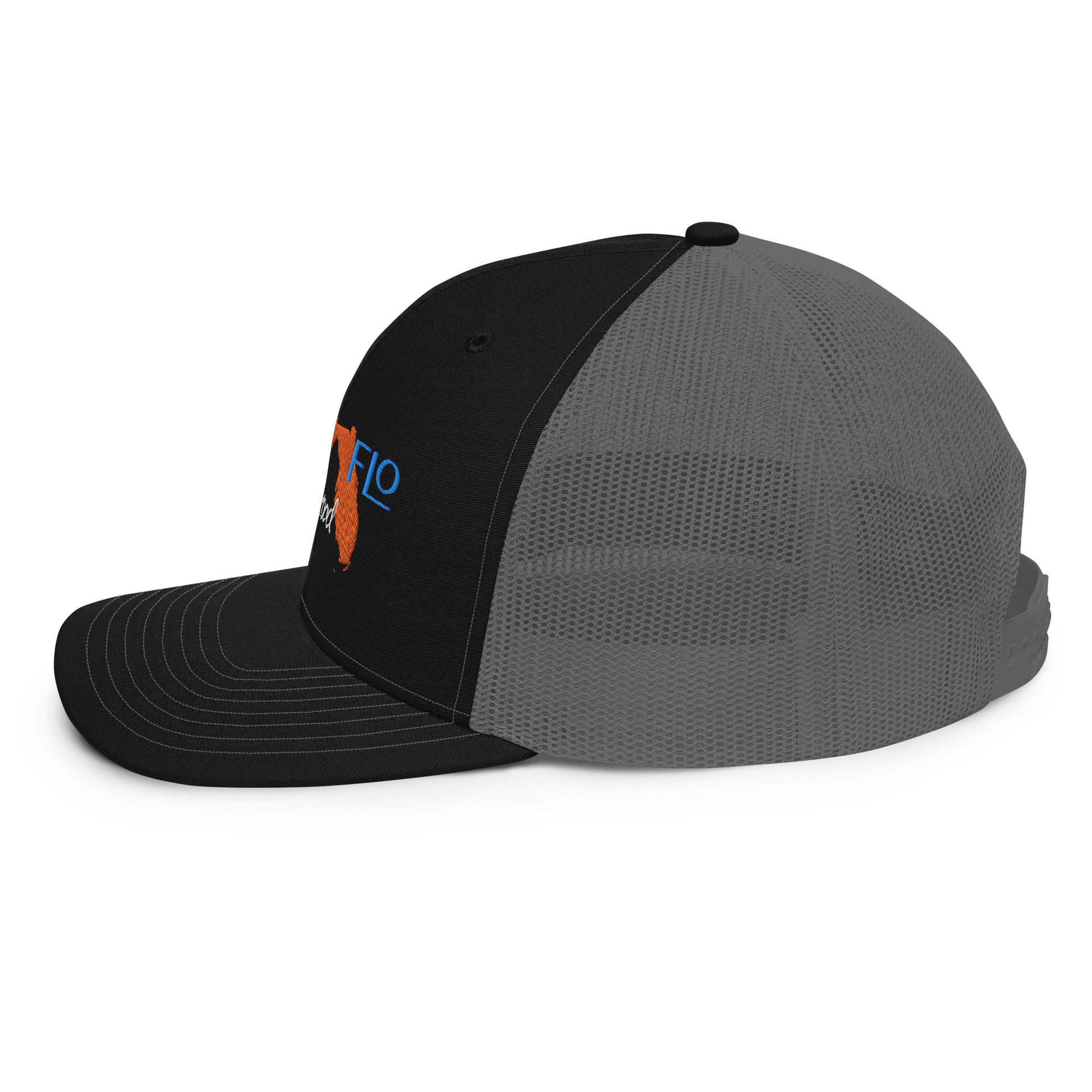 a black and grey hat with an orange and blue logo