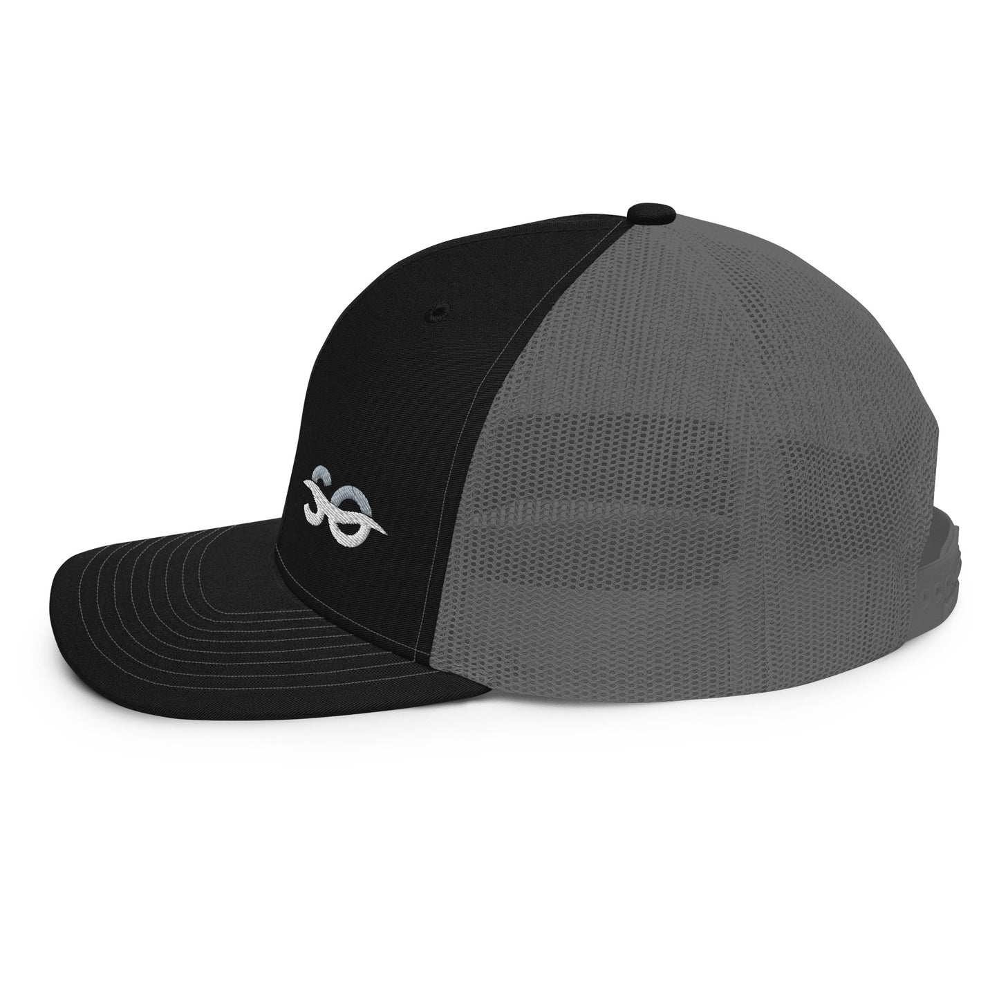 a black and grey hat with a white logo