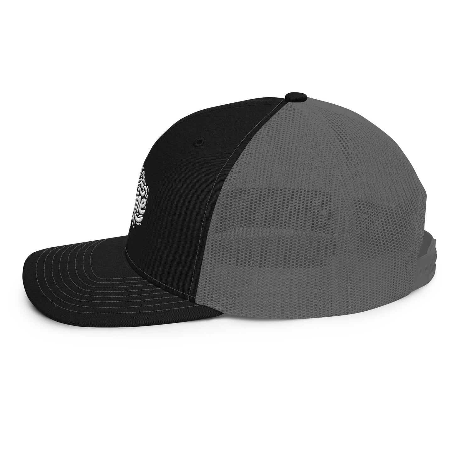 a black and grey hat on a white background