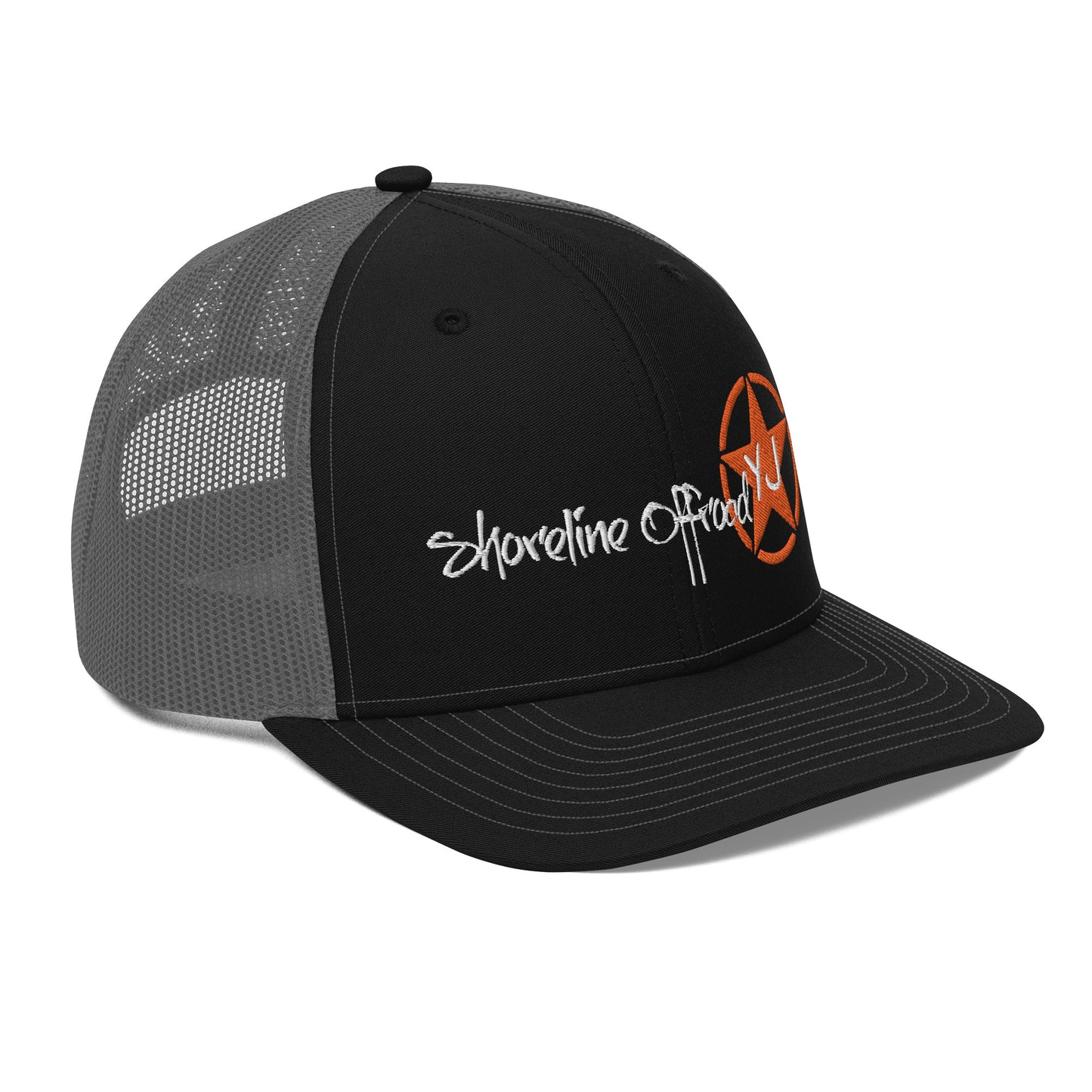 a black and grey hat with the words shoreline beach on it