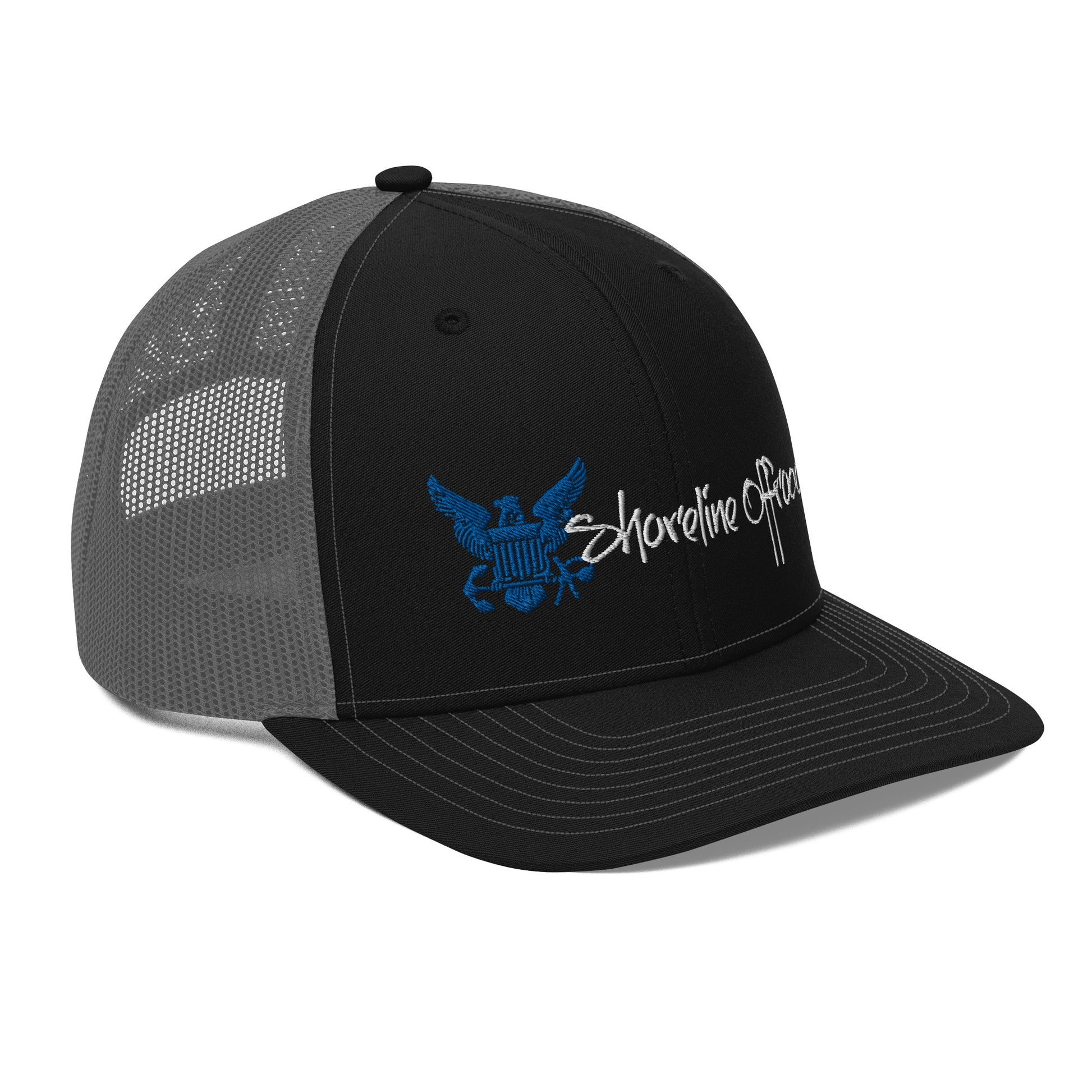 a black and gray hat with a blue eagle on it